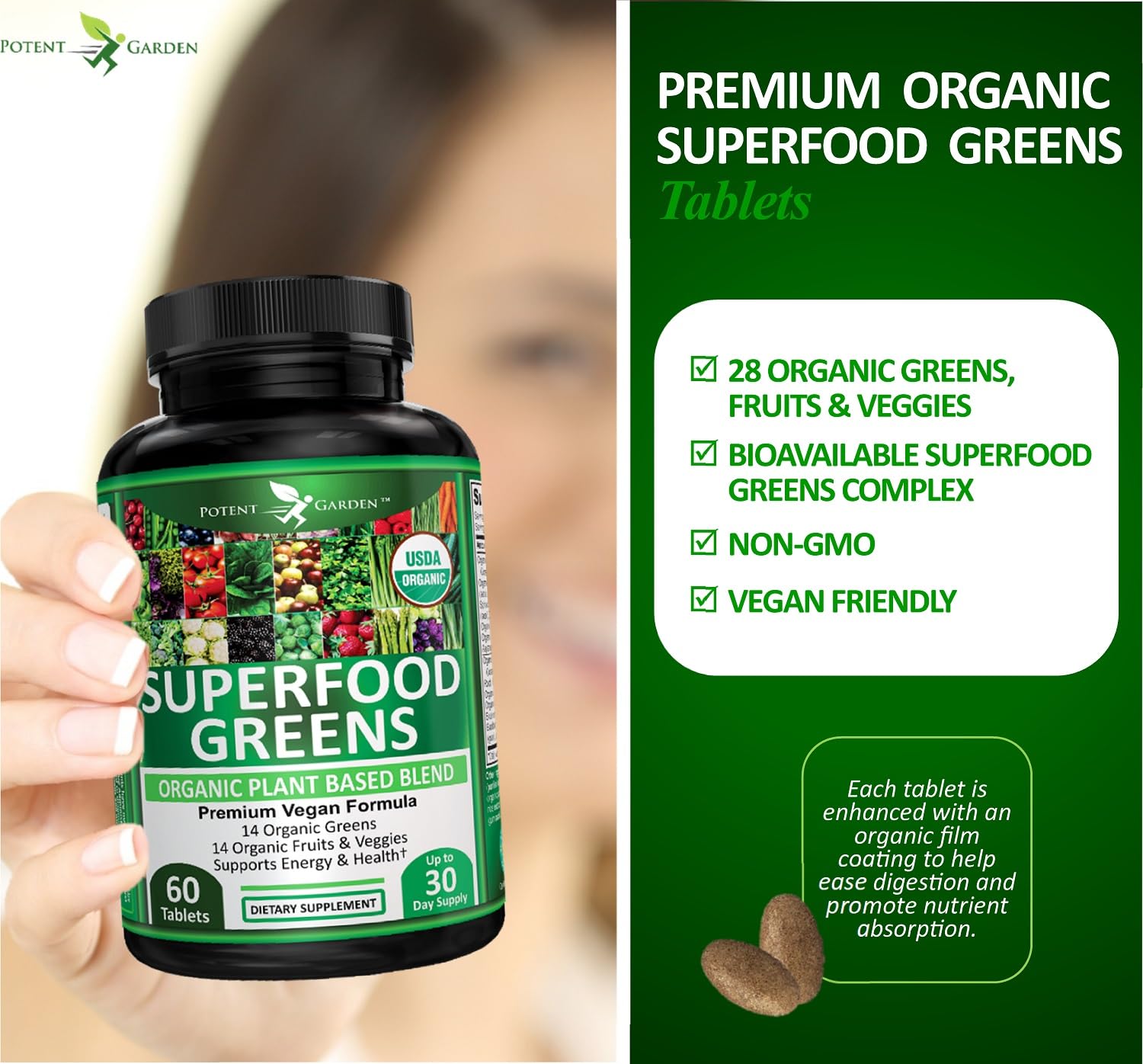 Potent Garden Organic Superfood Greens, Fruit and Veggies Supplement Rich in Vitamins & Antioxidants with Alfalfa, Beet Root & Tart Cherry to Boost Energy, Immunity & Gut Health, Greens Tablets 60 Ct Potent Garden buy supplements canada