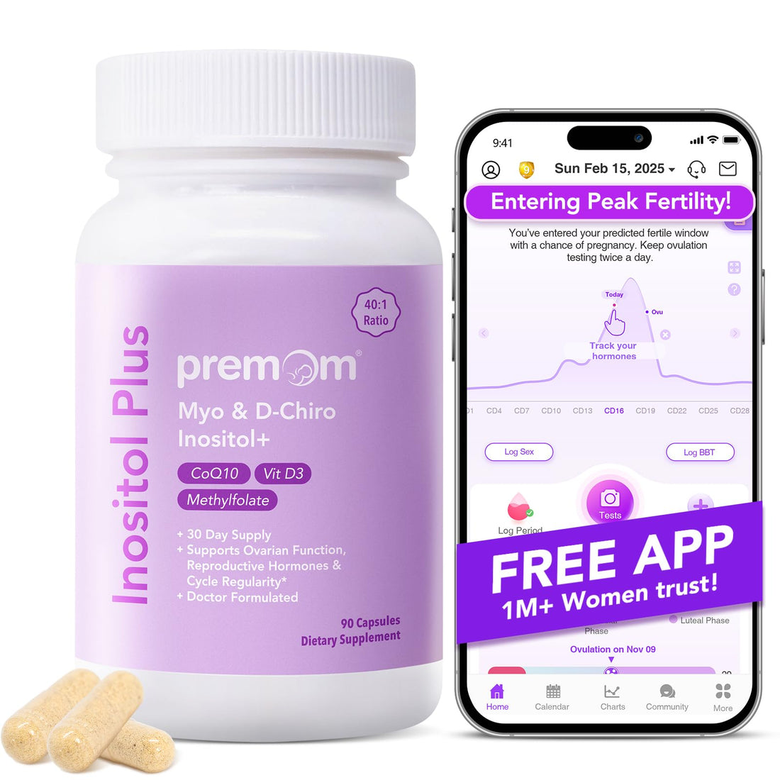 Premom Inositol Plus - 2000mg Myo-Inositol & 50mg D-Chiro Inositol, CoQ10, Folate & Vitamin D3-40:1 Ratio - Supports Hormonal Balance, Ovarian & Reproductive Health - 30 Day Supply Premom buy supplements canada