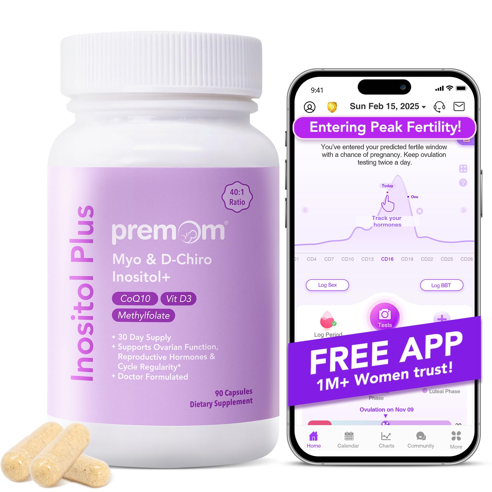 Premom Inositol Plus - 2000mg Myo-Inositol & 50mg D-Chiro Inositol, CoQ10, Folate & Vitamin D3-40:1 Ratio - Supports Hormonal Balance, Ovarian & Reproductive Health - 30 Day Supply Premom buy supplements canada