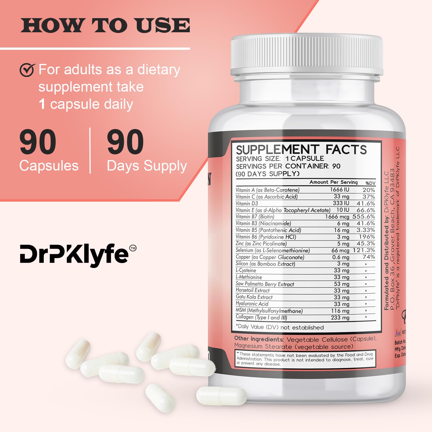 DrPKLyfe Hair, Nail and Skin Supplement Capsules:Biotin, Collagen, Collagen Peptides, Acid Hyaluronic, Biotin, Vitamin A, C, B5, B6 Saw Palmetto & More - 90 Capsules. DrPKLyfe buy supplements canada