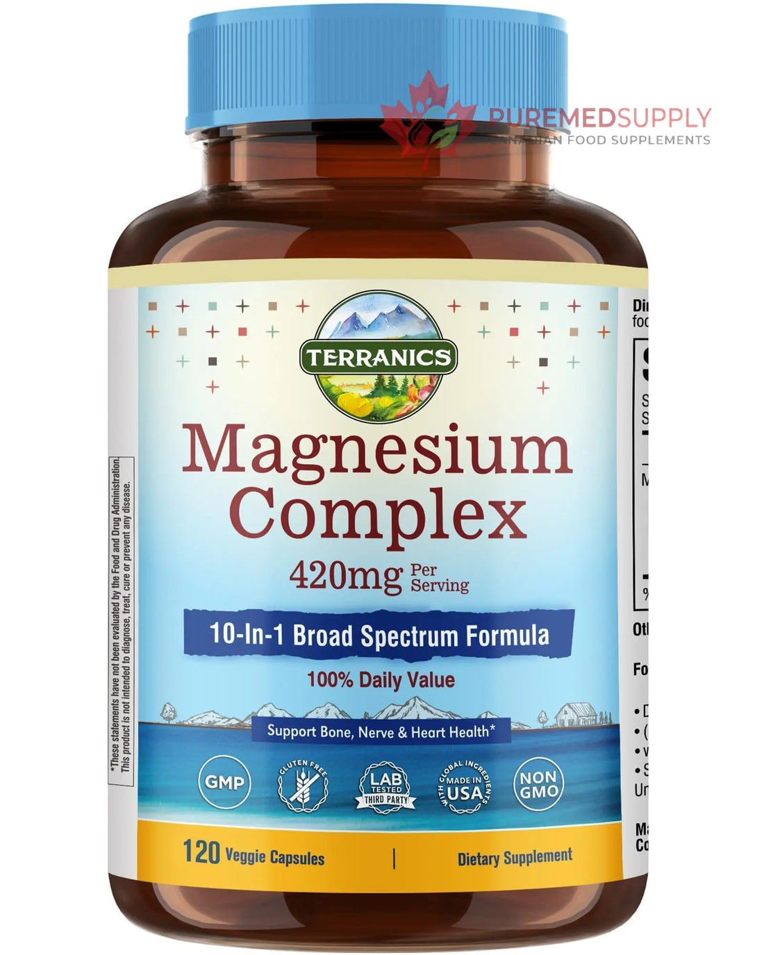 Terranics Magnesium Complex Supplement 420mg, 10-in-1 Full-Spectrum Formula, Glycinate, Citrate, Malate & More, Max Absorption, Bone and Heart Support, 120 Veggie Caps Terranics buy supplements canada