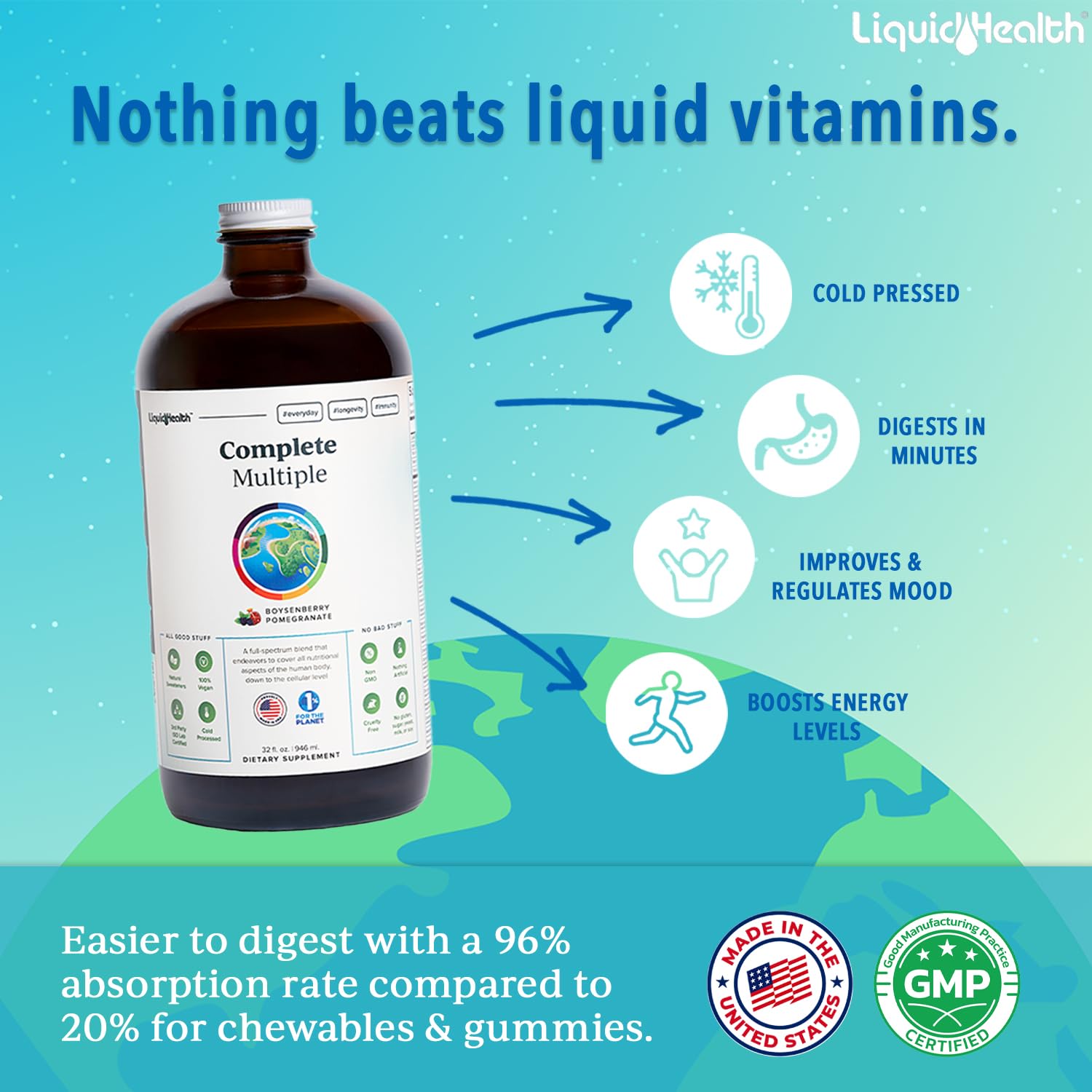 LIQUIDHEALTH Complete Multiple Adult Liquid Multivitamin - Essential Vitamins, Minerals & Nutrients, Immune Support, Gut Health, Energy, Detox - Made in USA, Vegan, Non-GMO, Sugar-Free (32 oz) LIQUIDHEALTH buy supplements canada