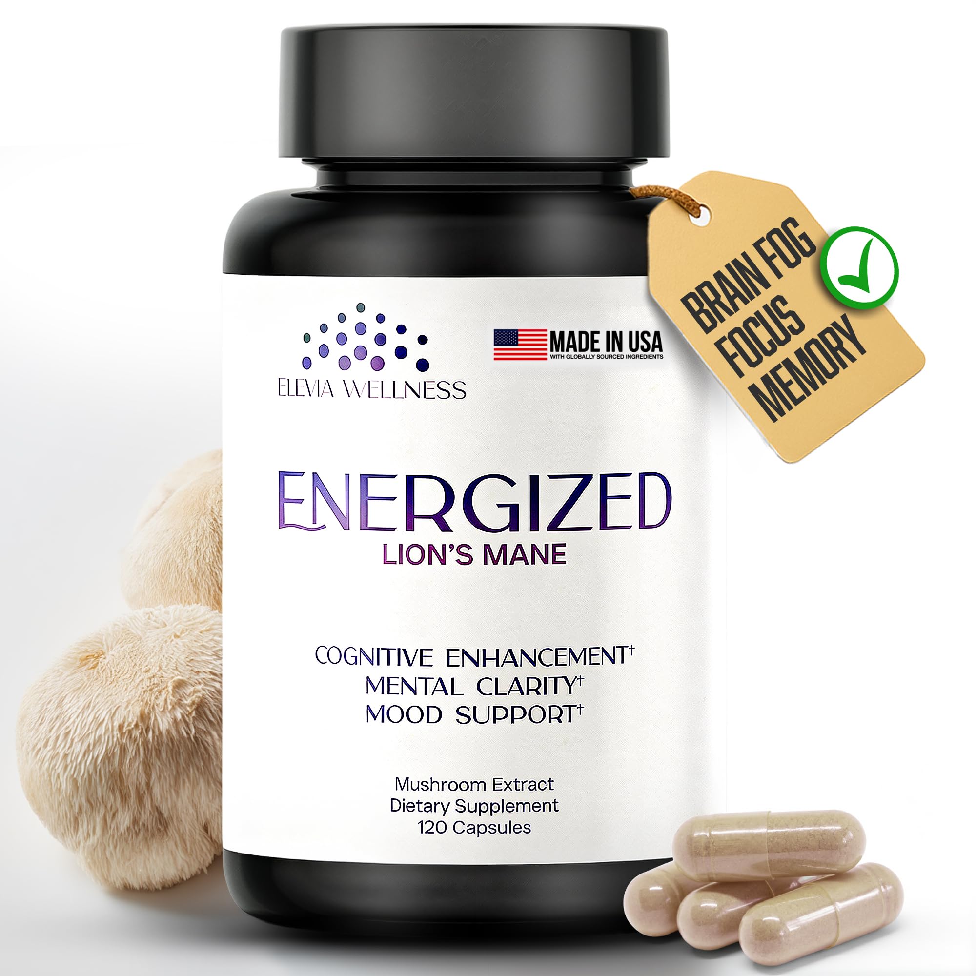 Energized Lions Mane Supplement Capsules (120ct),Brain Supplements for Memory and Focus, Nootropic for Brain Fog Relief Made in USA,30% Polysaccharides,Natural Brain Health Support Elevia Wellness buy supplements canada