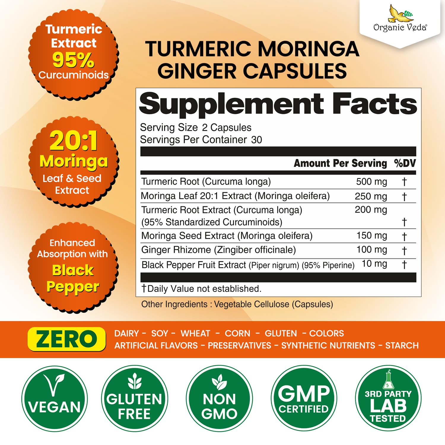 Organic Veda Turmeric Moringa Ginger Capsules - Super Antioxidants & Curcumin Supplement with 20:1 Moringa Leaf & Seed Extract, Black Pepper - Energy, Joints, Heart Health Support - 60 Vegan Pills Organic Veda buy supplements canada