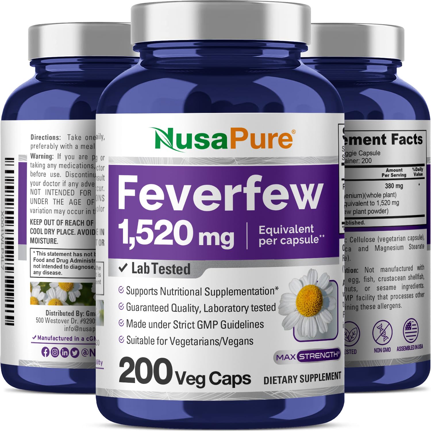 NusaPure Feverfew Extract 4:1 - Suitable for Vegetarian/Vegan, Non - GMO - 1520mg 200 Capsules NusaPure buy supplements canada