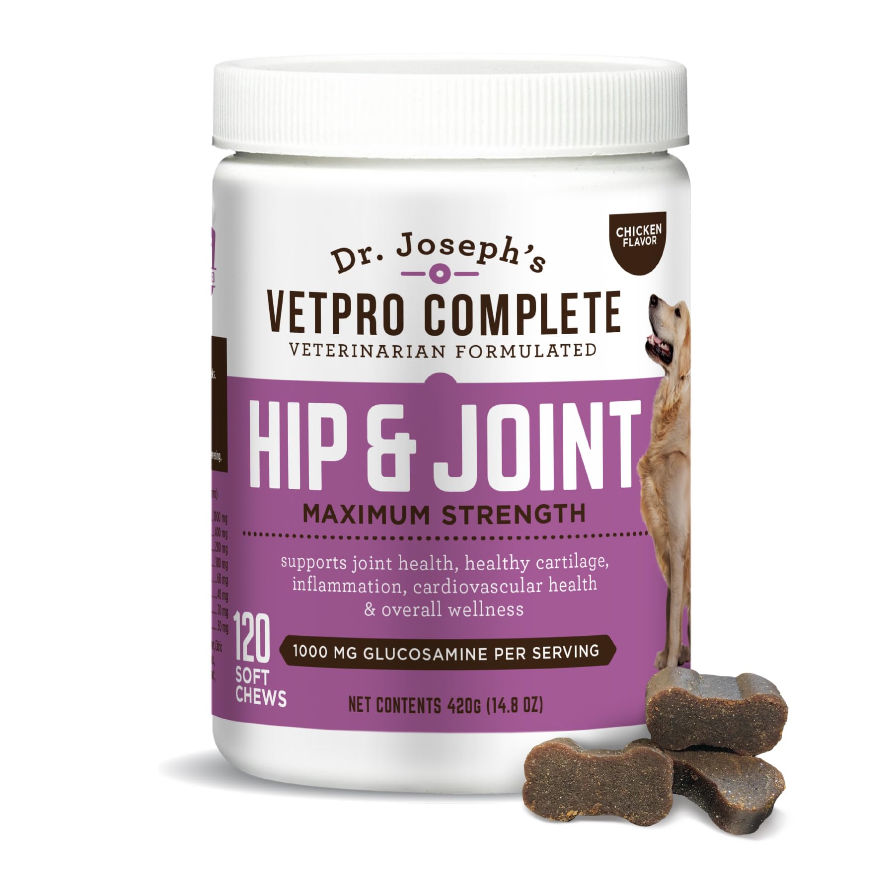 Dr. Joseph's VetPro Complete Dog Hip & Joint Supplement for Arthritis Pain Relief – High-Strength Glucosamine & Chondroitin Chews for Senior Dogs – Vet Formulated Daily Treats, Chicken Flavor, 120 Ct VetPro Complete buy supplements canada