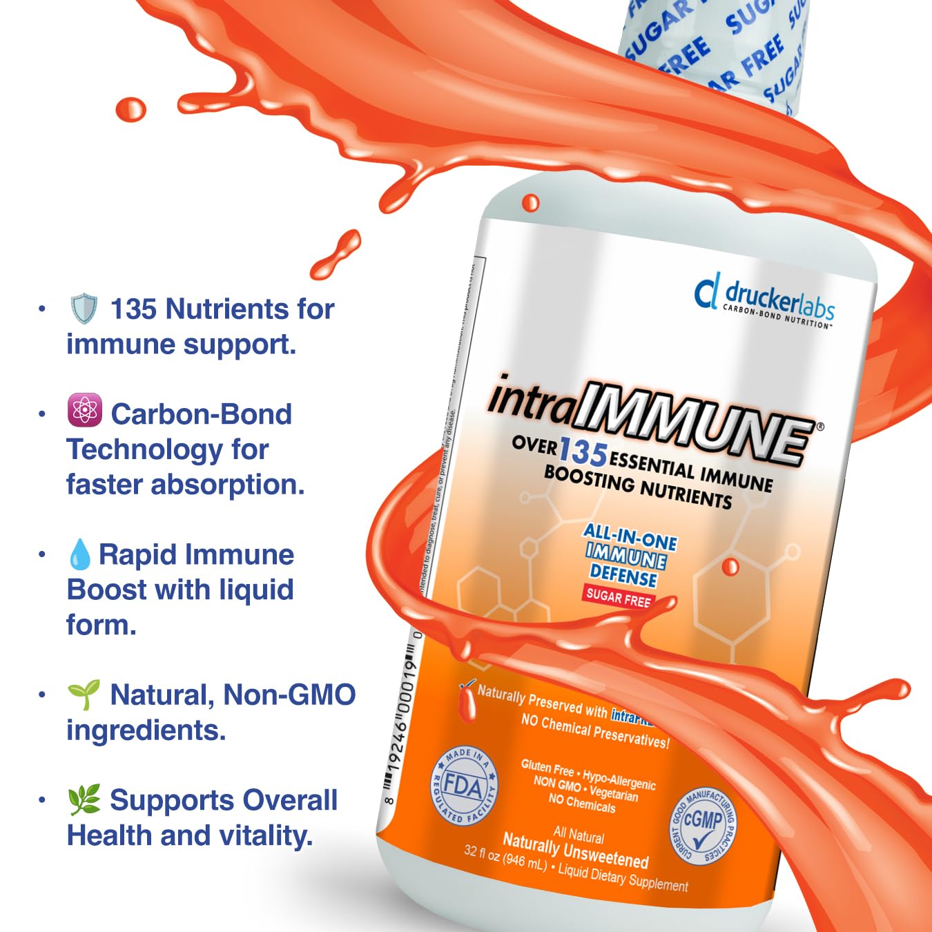 Drucker Labs -intraIMMUNE Organic Liquid Daily Immune & Defense Support, Multivitamin, Elderberry, Echinacea, Zinc, Vitamin D, C E, Vegan, Non GMO, Gluten Free (32 oz., Sugar Free Peach Berry) intraIMMUNE buy supplements canada