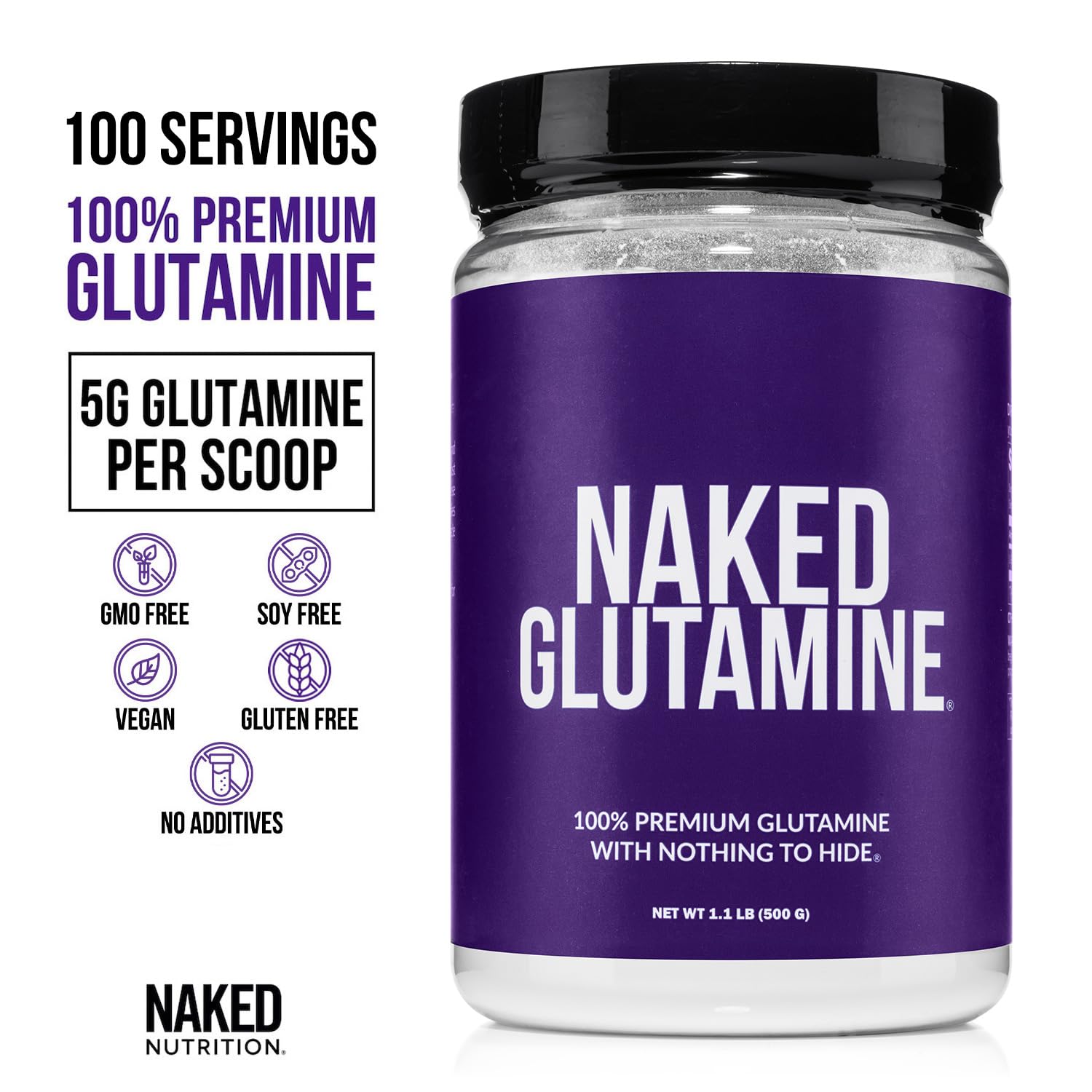 Pure L-Glutamine Made in The USA - 100 Servings - 500g, 1.1lb Bulk, Vegan, Non-GMO, Gluten and Soy Free. Minimize Muscle Breakdown & Improve Protein Synthesis. No Additives NAKED buy supplements canada