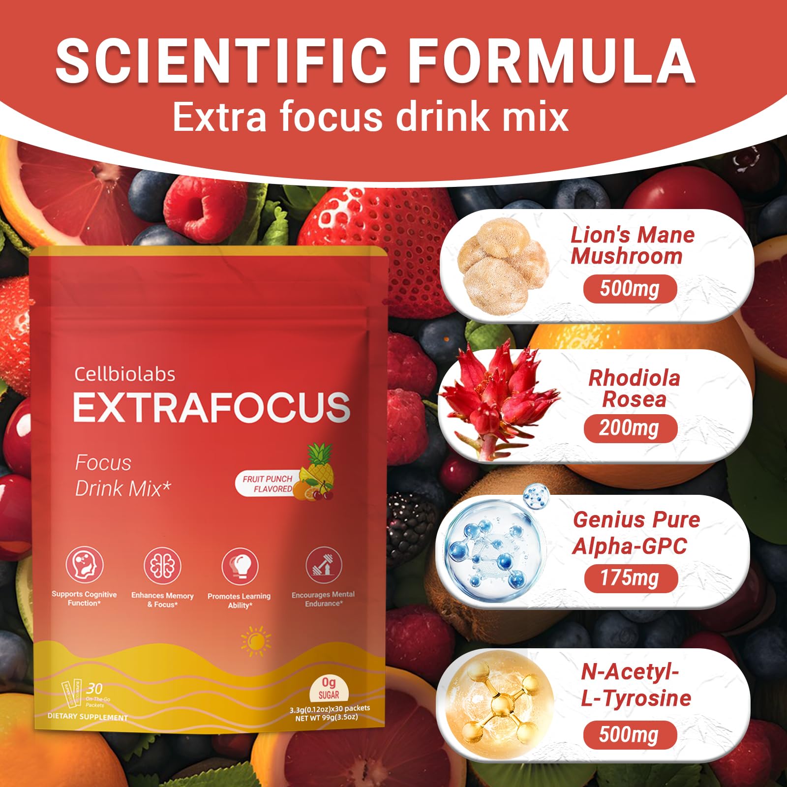 Nootropic Extra Focus Drink Mix, 30 Packs On-The-Go Sticks, Featuring Alpha-GPC, Lion's Mane & Rhodiola, Sugar-Free Packets Fruit Punch Clean Drink Mix Cellbiolabs buy supplements canada