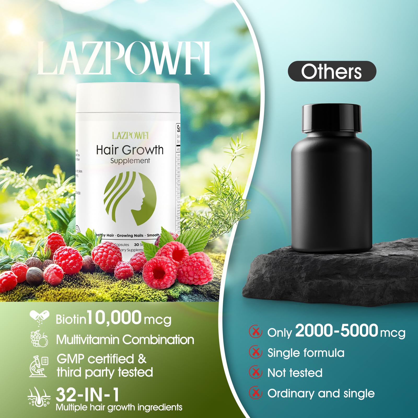 Lazpowfi Hair Growth Supplement, Biotin 10000mcg, 32-in-1 with Vitamin A, B3, C, Magnesium, Calcium, Hair Growth Products, Supports Hair & Nails Natural Growth Vitamins, for Women & Men - 30 Servings Lazpowfi buy supplements canada
