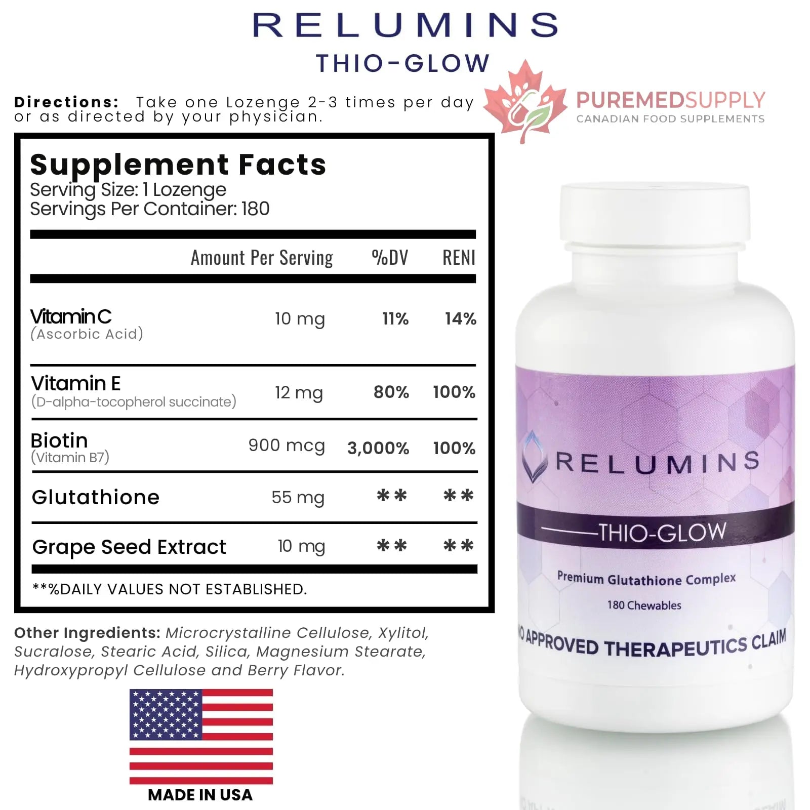 Relumins Thio-Glow Chewable Sublingual Glutathione Complex with Biotin, VIT C & E, Plus Grapeseed Polyphenols – 330mg Gluta Per Serving – 4X Effective, Ultimate Wellness Gift for Moms x 3 Bots Relumins buy supplements canada