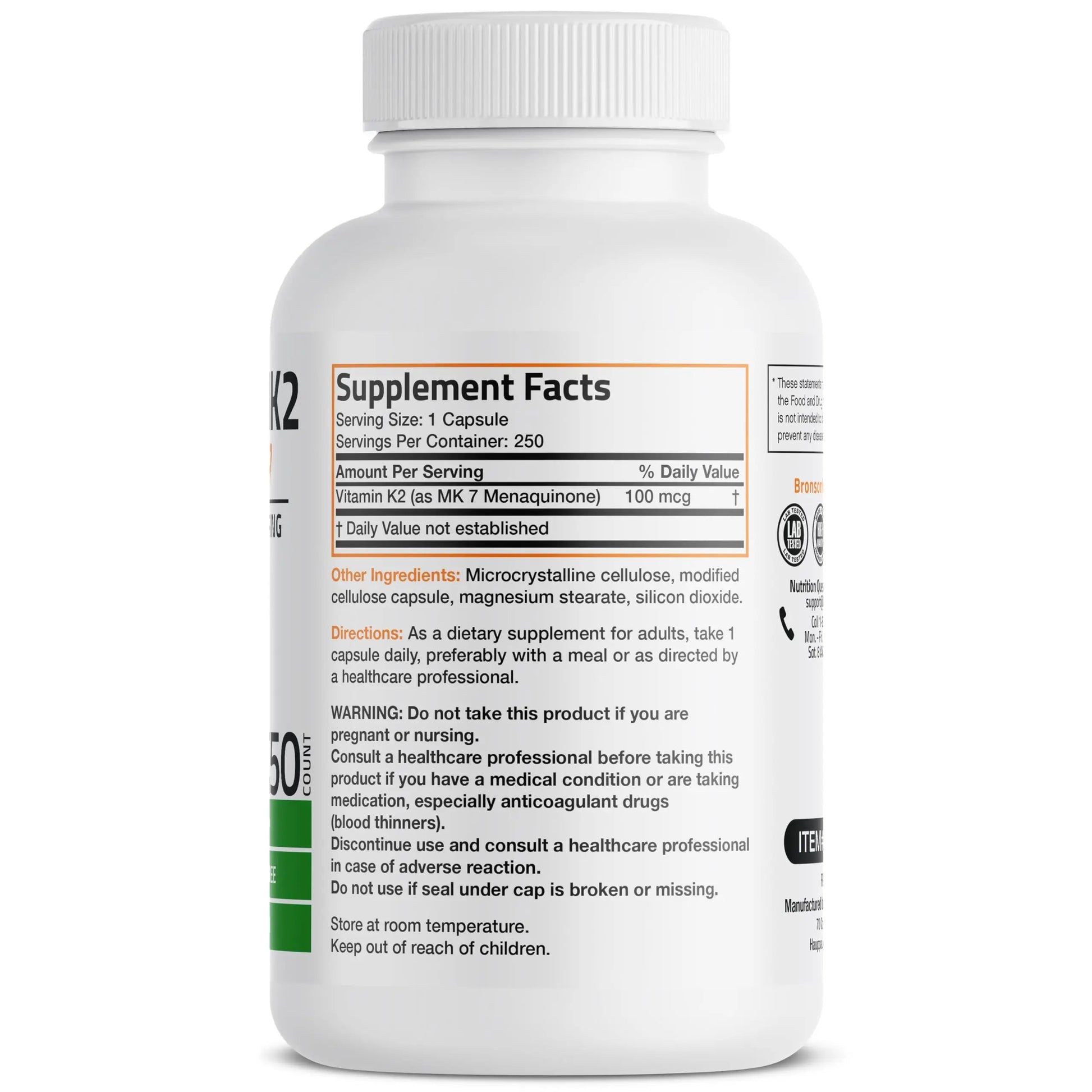 Bronson Vitamin K2 as MK-7 Menaquinone 100 mcg Non-GMO, 250 Capsules Bronson buy supplements canada