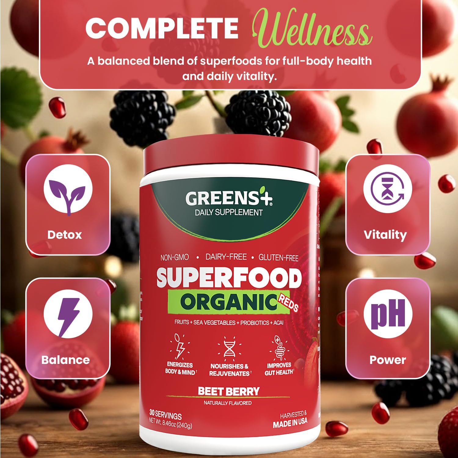 Greens+ Organic Reds Superfood Powder, Antioxidant, Polyphenol, Blend for Morning Kick, Energy, Vitality Boost, Nutrition, Vibrant Health, Vegan Soy/Dairy/Gluten Free(8.46oz) Greens+ buy supplements canada