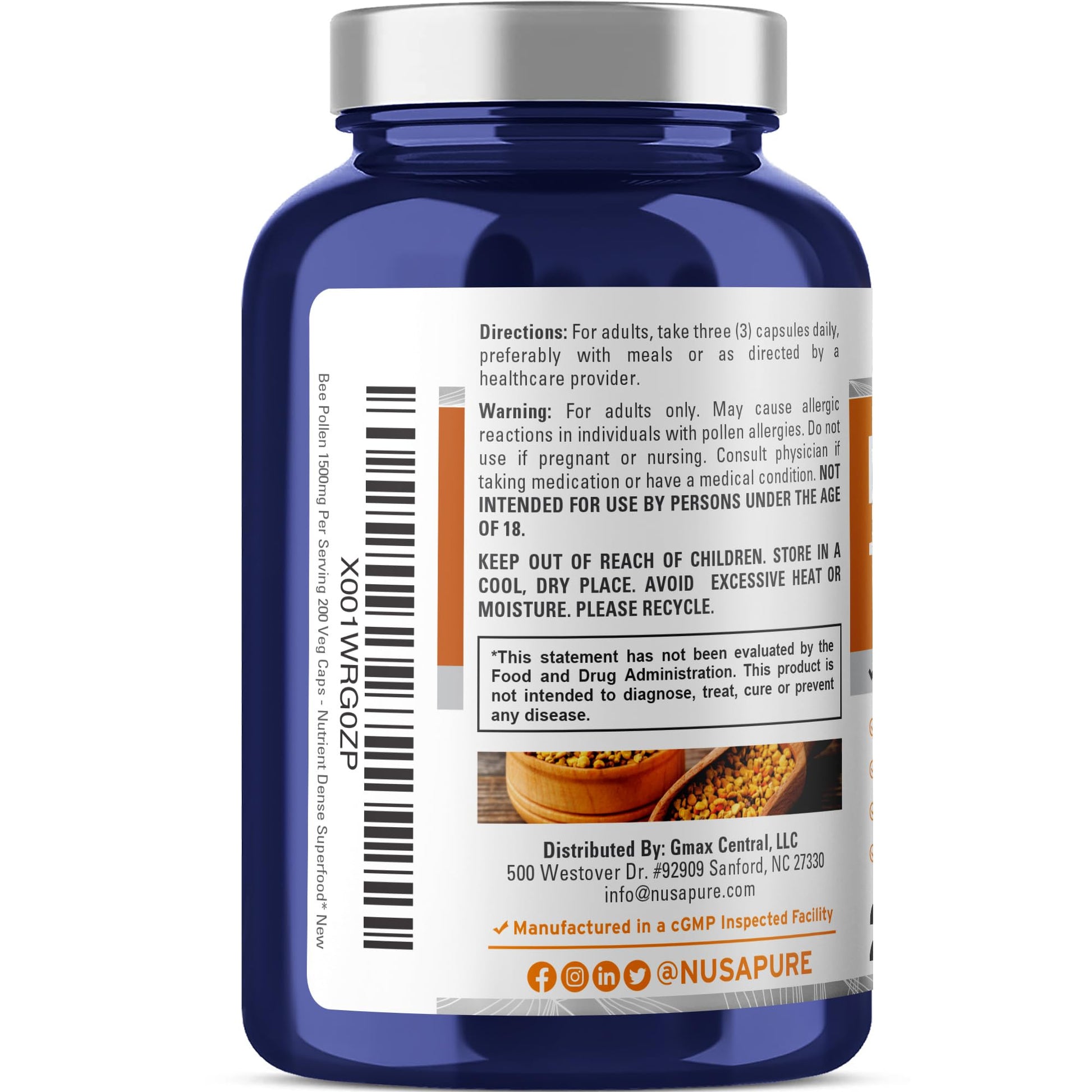 NusaPure Bee Pollen 1500mg 200 Veggie Caps (100% Vegetarian, Non-GMO, Vegan) Naturally Occurring Proteins, Aminoacids NusaPure buy supplements canada