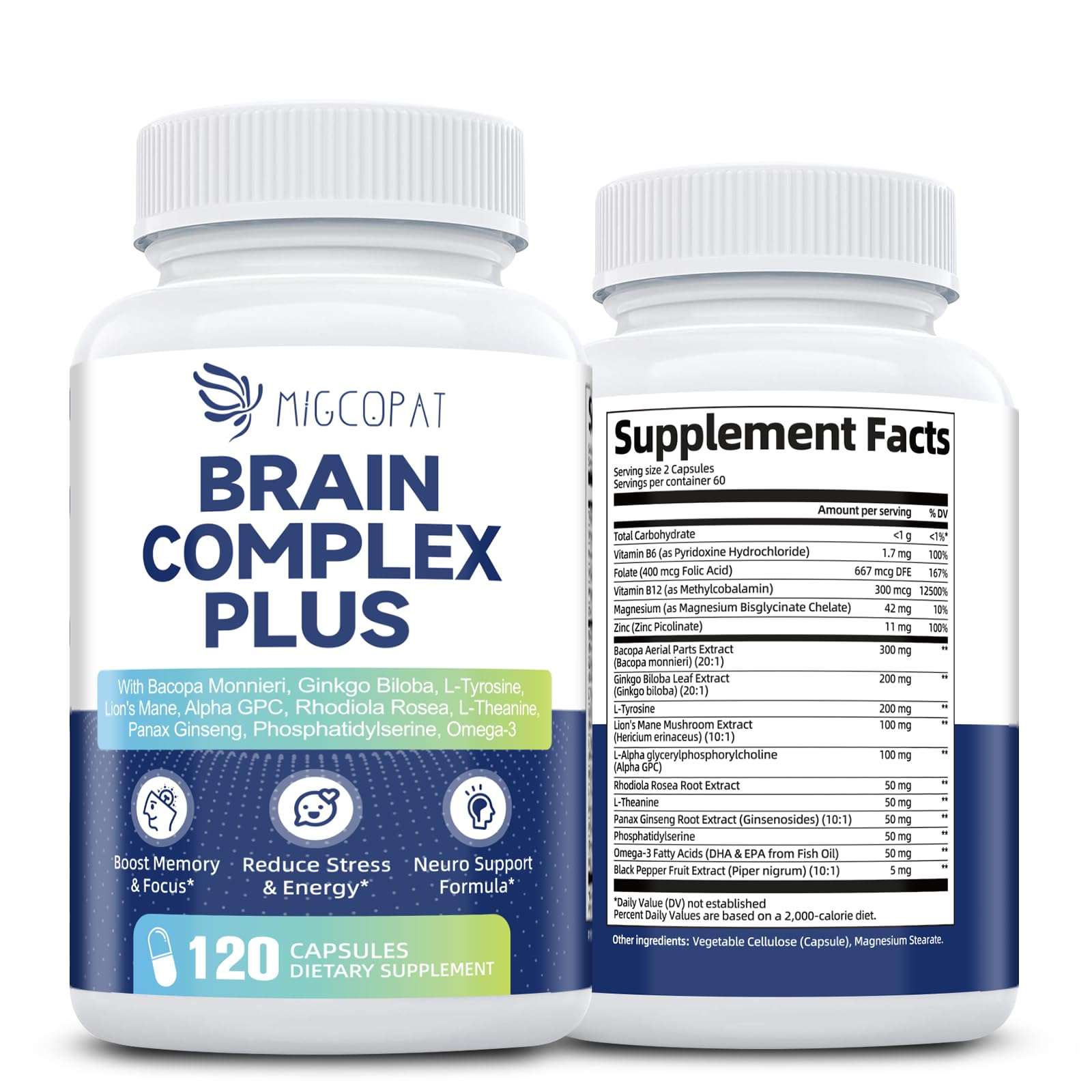 Brain Supplements for Memory and Focus | Nootropic with Bacopa Monnieri, Lion's Mane, Alpha GPC, Ginkgo Biloba | Mental Clarity & Cognitive Support | Vitamin B6 & B12 Neuro Health - Non-GMO, 120 Caps Migcopat buy supplements canada