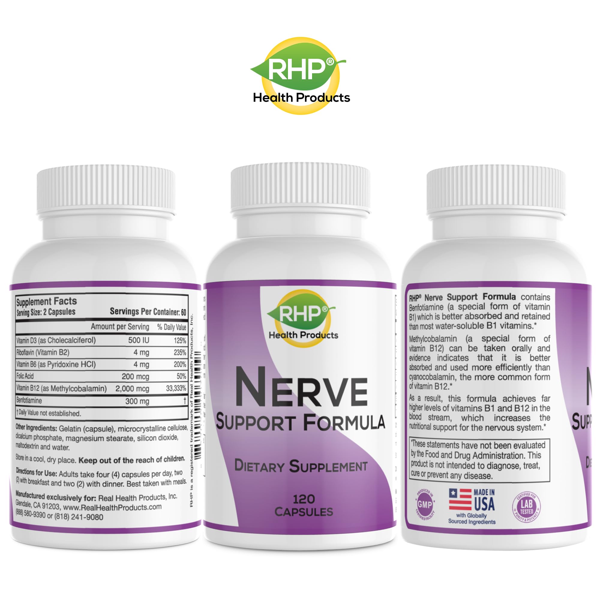 RHP Nerve Support Formula. Nutritional Support of Neuropathy, Nerve Relief from Aches, Nerve Pain & Discomfort. B-Complex with Benfotiamine and Methyl B12. 120 Capsules RHP buy supplements canada