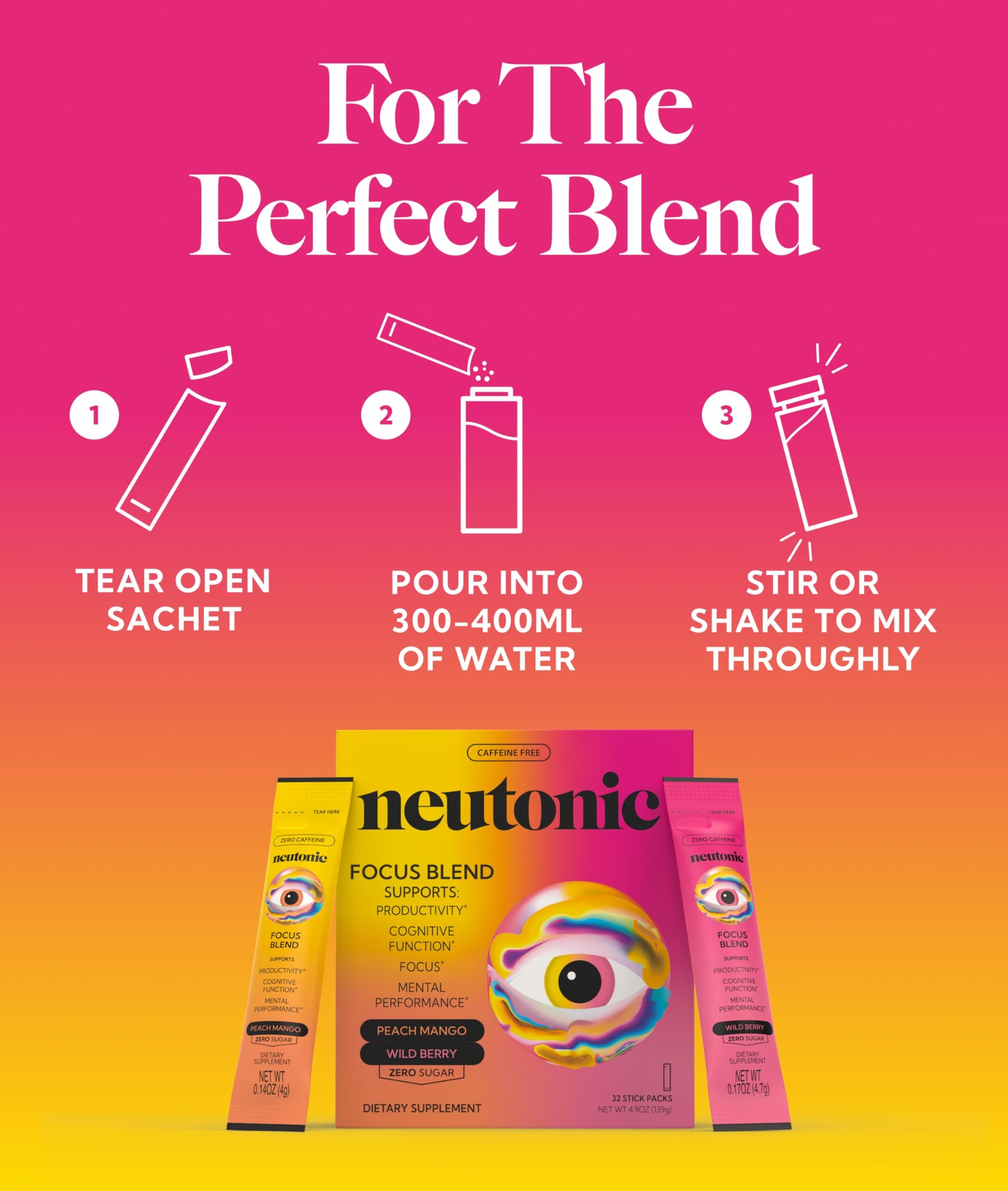 Neutonic Nootropic Focus Blend Powder | Peach Mango & Wild Berry 32 Sticks | Caffeine Free, Zero Sugar | Support Memory, Mental Clarity, Cognitive Function | Boost Focus, Energy, Brain Health Neutonic buy supplements canada