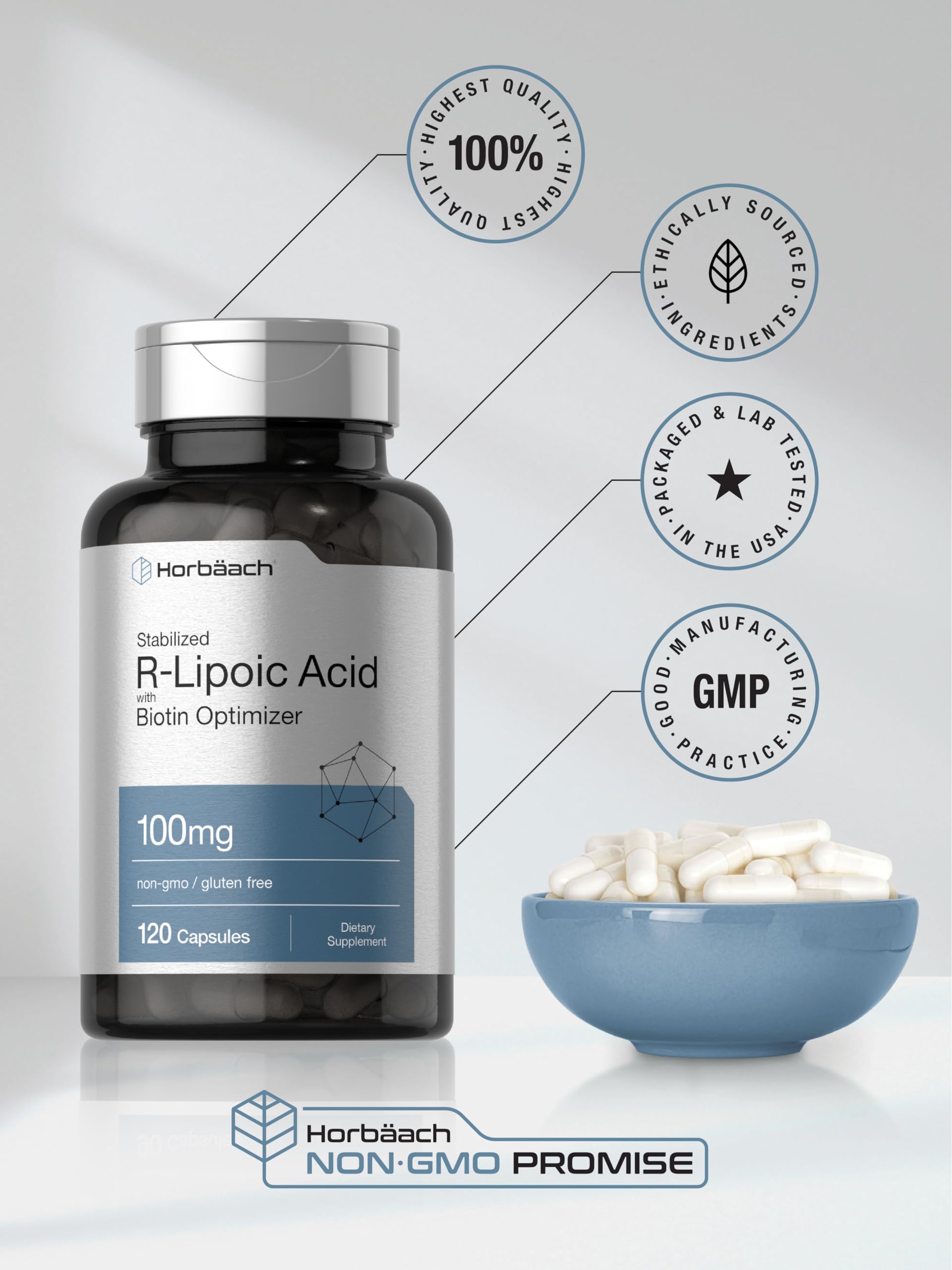 R-Lipoic Acid 100 mg | 120 Capsules | with Biotin Optimizer | Non-GMO, Gluten Free Horbäach buy supplements canada