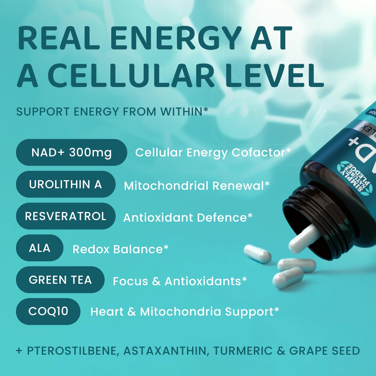 NAD+ Elite Complex – Direct NAD+ 300 mg with Urolithin A, Resveratrol, CoQ10 & Antioxidant Blend – Cellular Energy, Mitochondrial Support & Healthy Aging – Vegan, Non-GMO, 60 Capsules (30 Servings) Simply Nature's Pledge buy supplements canada