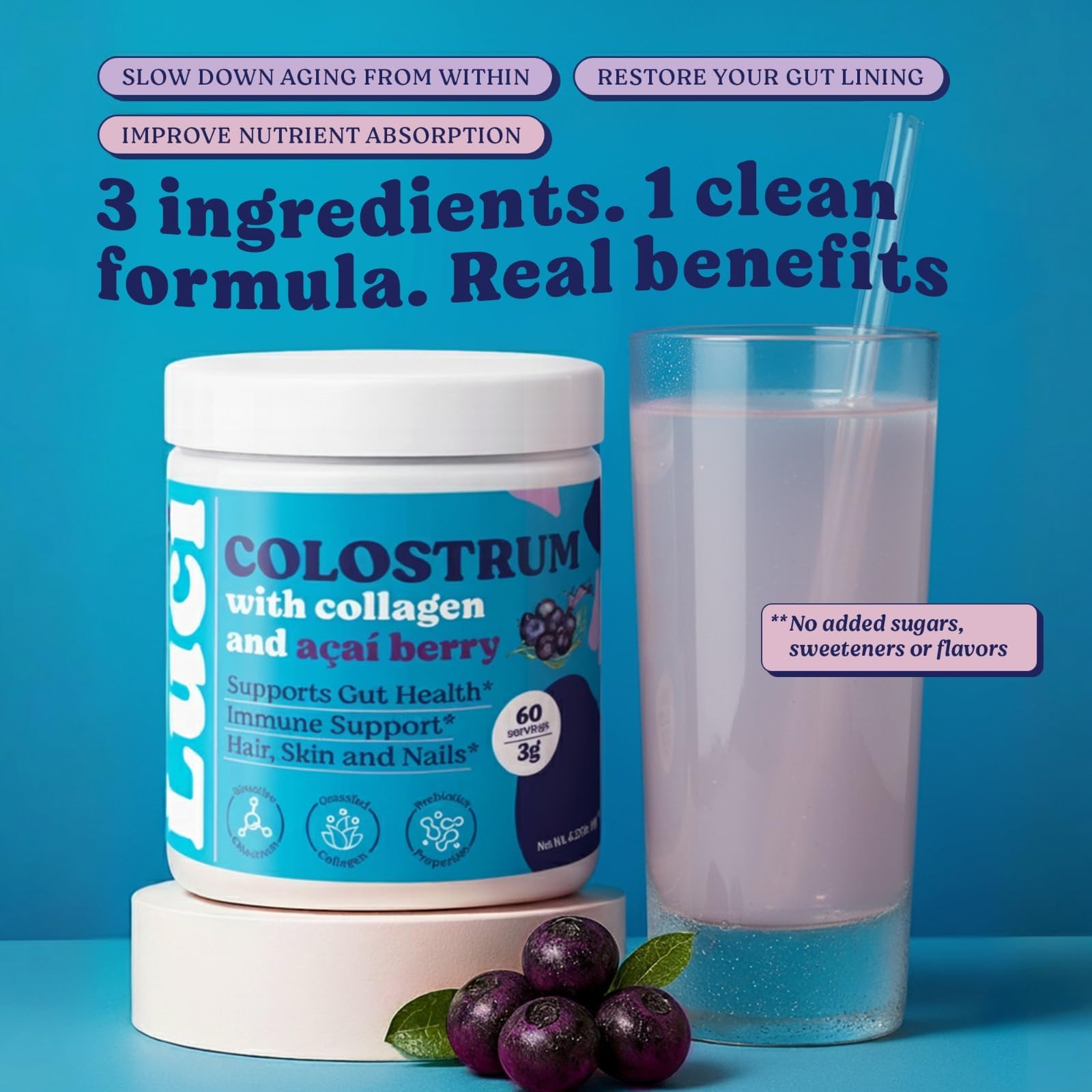 Luci Colostrum Powder 60 Servings, 3 in 1 with Collagen Peptides and Acai, Bovine Colostrum for Gut Health, Bloating, Collagen Protein for Muscle, Skin, Hair, Nails and Immunity, Gluten & Fat Free Luci Nutrition buy supplements canada