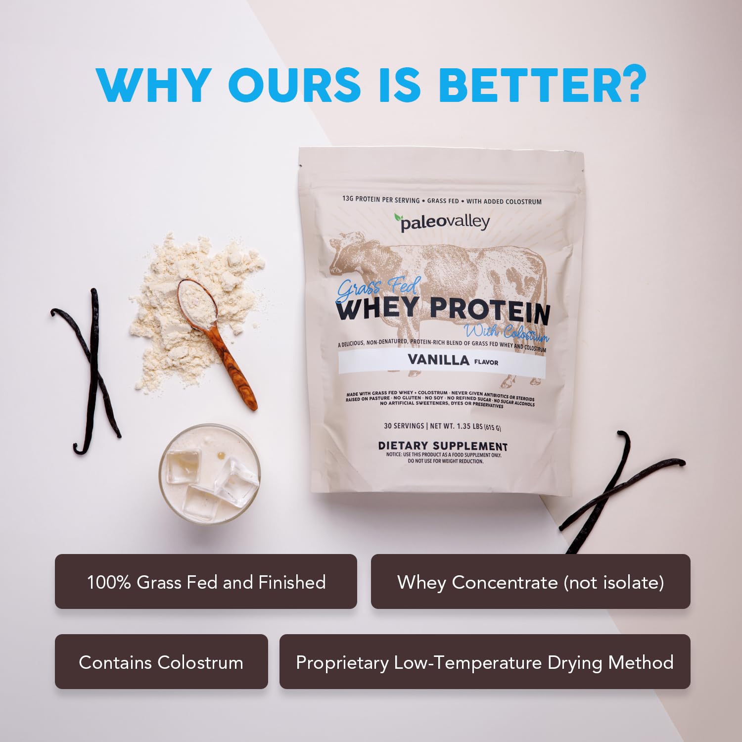 Paleovalley 100% Grassfed Whey Protein Powder with Colostrum, 30 Serving - Vanilla, 13g Protein, Muscle Building, Immune Support, Gut Health Paleovalley buy supplements canada