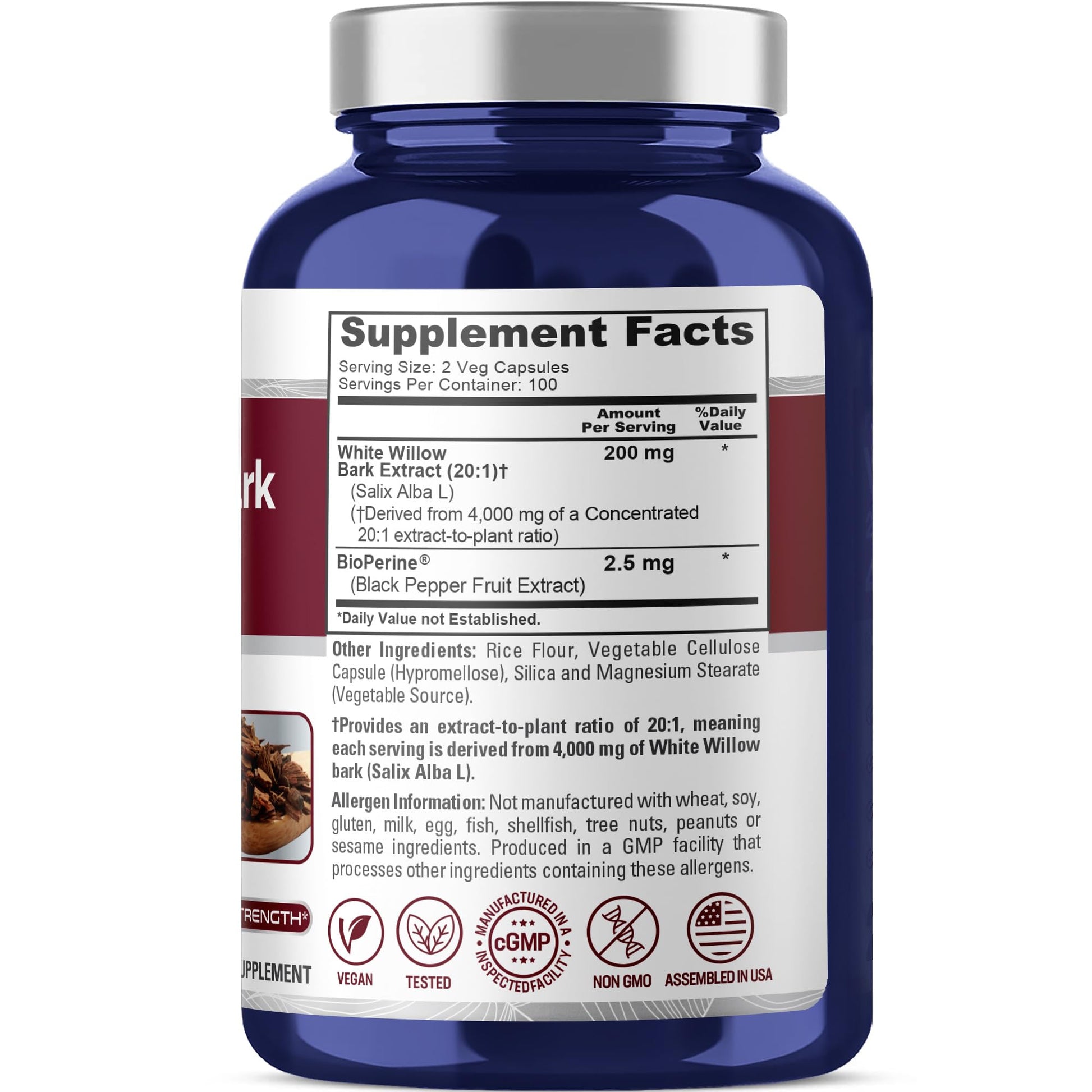 NusaPure White Willow Bark 20:1 Extract, 200 mg Equivalent to 4000mg, 200 Veggie Capsules, Max Strength, (Non-GMO, Vegan) NusaPure buy supplements canada