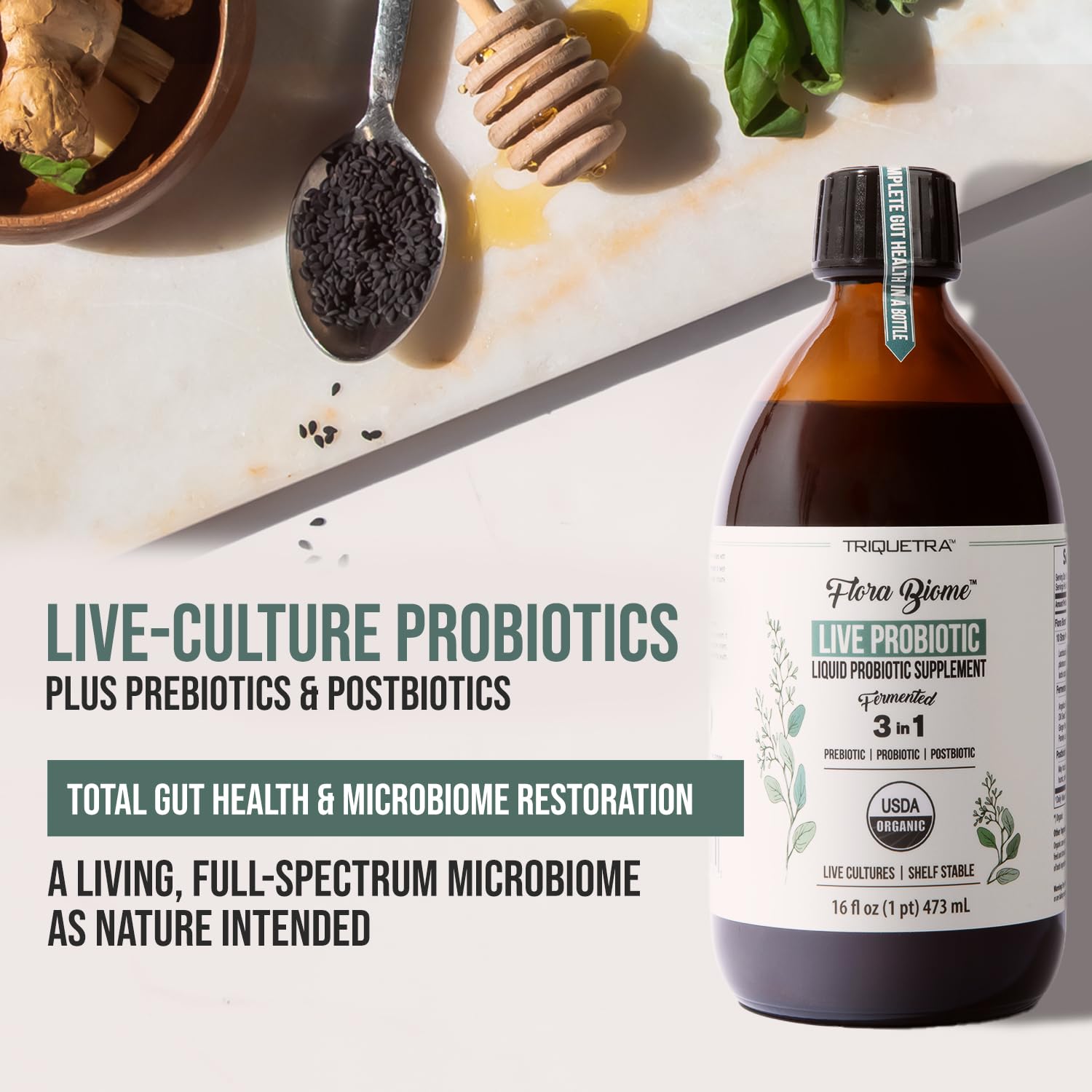 Flora Biome - Live Probiotic, Prebiotic, & Postbiotic – Organic Live-Culture – 10 Probiotic Strains, 18 Fermented Herbs - Complete Gut Health & Microbiome Optimizer (16 oz) Triquetra Health buy supplements canada