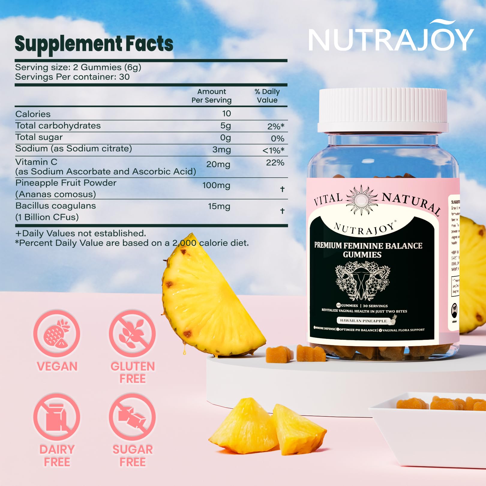NUTRAJOY Premium Feminine Balance Gummies, for Women's Ph Health, Vaginal Wellness Support, Immune Support, Energy Support, Hawaiian Pineapple, Vegan Gluten-Free, 60 Gummies NUTRAJOY buy supplements canada