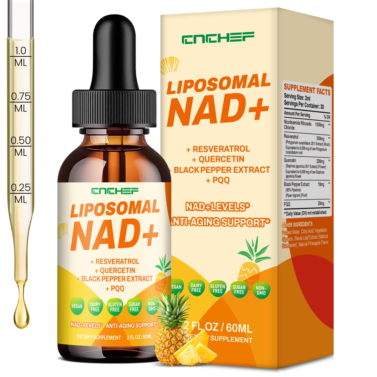 CNCHEF Liposomal NAD Supplement - 1500mg NAD+ Liquid Drop for Women & Men Nicotinamide Riboside Chloride & Resveratrol Complex - Cellular Renewal, Anti-Aging Support - 30 Servings (2 fl oz) CNCHEF buy supplements canada