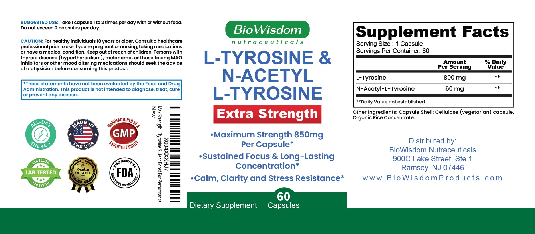 Max Strength L Tyrosine Supplement & N Acetyl L Tyrosine Peak Focus, Alertness, Concentration, Body & Mind Energy. L-Tyrosine 850mg Per 1 Capsule. A Well-Being Nutrient Boost For Performance BioWisdom Nutraceuticals buy supplements canada