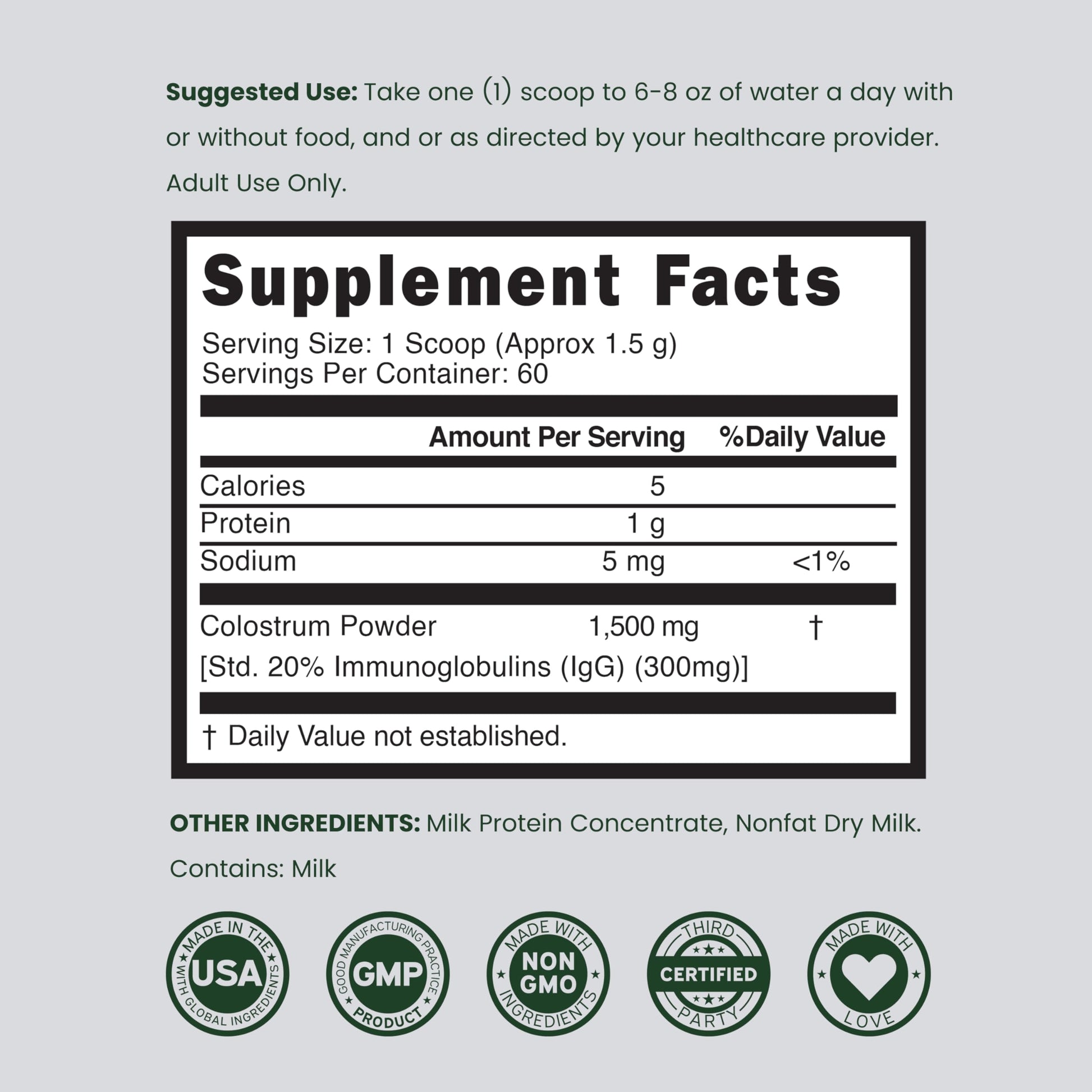 Colostrum Supplement Powder 90g (60 Servings of 1.5g Pure Bovine Colostrum Std. to Contain 20% IgG Immunoglobulins) Grass Fed Powder - No Fillers, Third Party Tested, Unflavored & Non-GMO DORADO NUTRITION buy supplements canada
