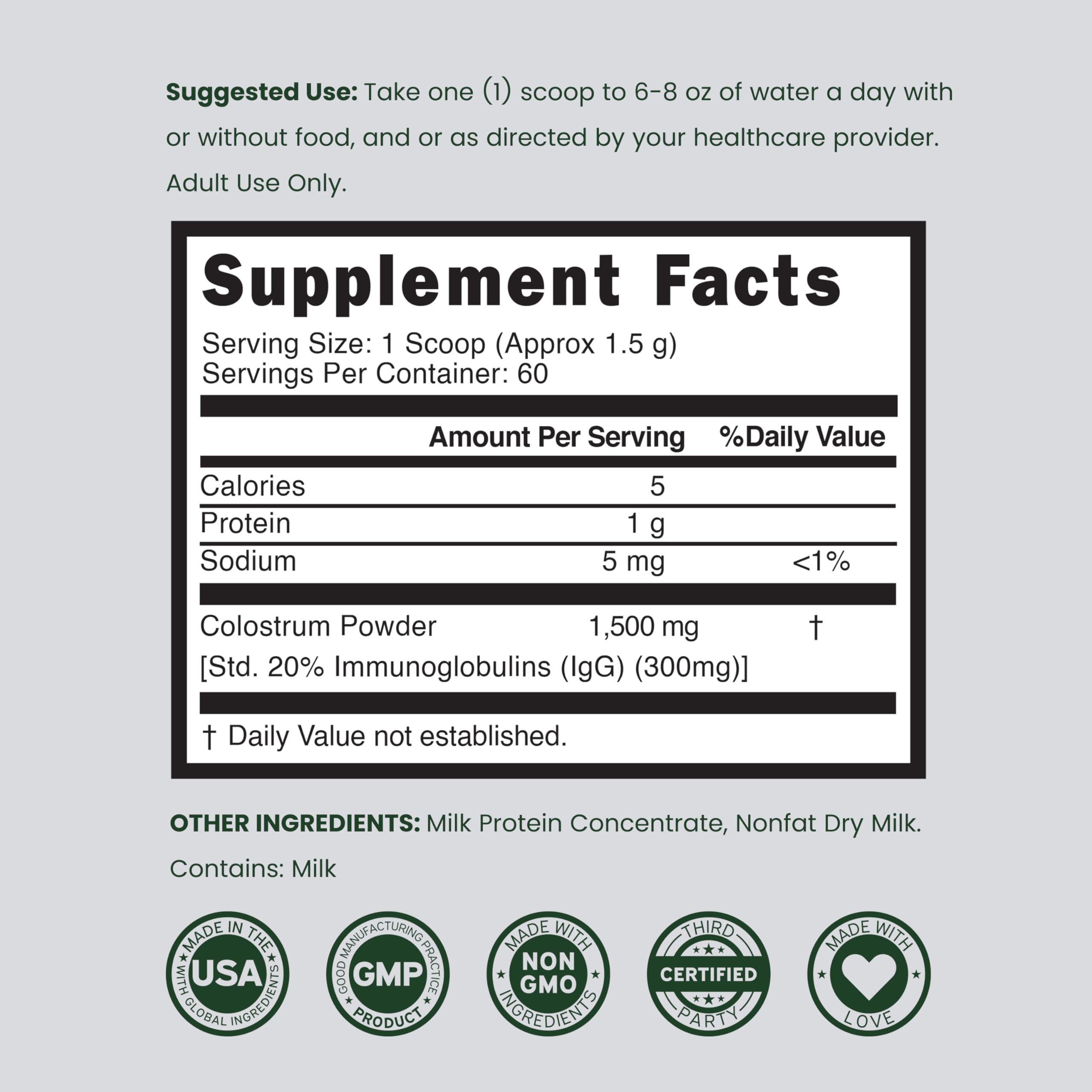 Colostrum Supplement Powder 90g (60 Servings of 1.5g Pure Bovine Colostrum Std. to Contain 20% IgG Immunoglobulins) Grass Fed Powder - No Fillers, Third Party Tested, Unflavored & Non-GMO DORADO NUTRITION buy supplements canada