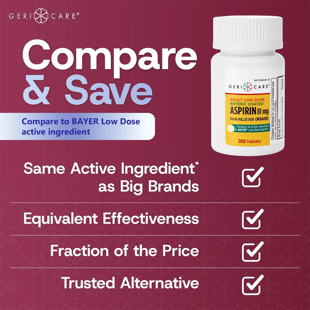GeriCare Aspirin 81mg Adult Low Dose, Pain Reliever - Enteric Coated Tablets for Enhanced Absorption and Gentle Digestion – Supports Blood Flow, Reduces Inflammation, 300 Count (Pack of 1) GeriCare buy supplements canada