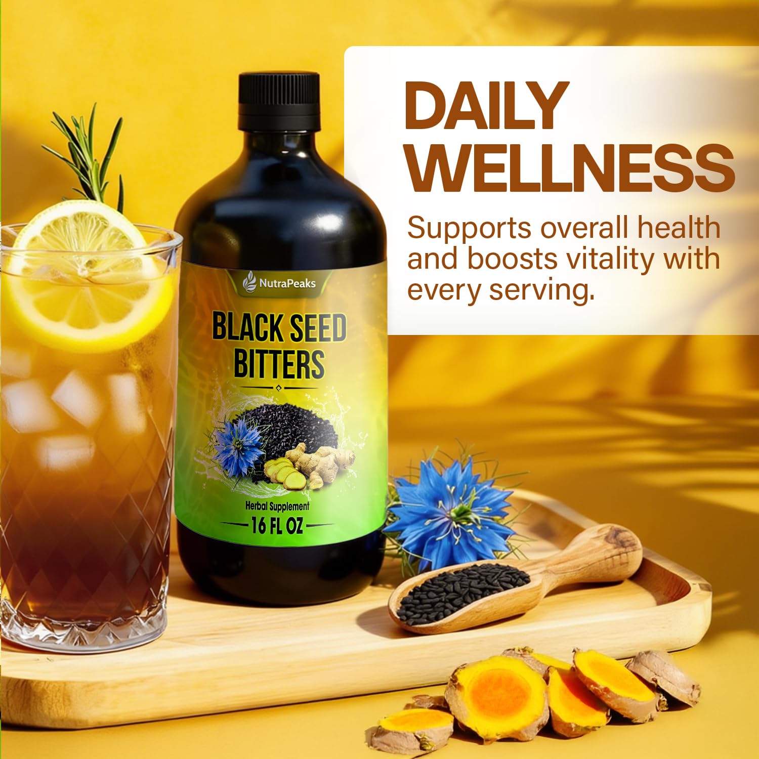 Black Seed Oil Bitters Liquid - Premium Herbal Blend with Black Seed Extract, Curcumin (Turmeric Extract), Ashwagandha, Elderberry, Probiotics, Vitamin C, Zinc...16 fl oz | Natural Botanical Blend NutraPeaks buy supplements canada