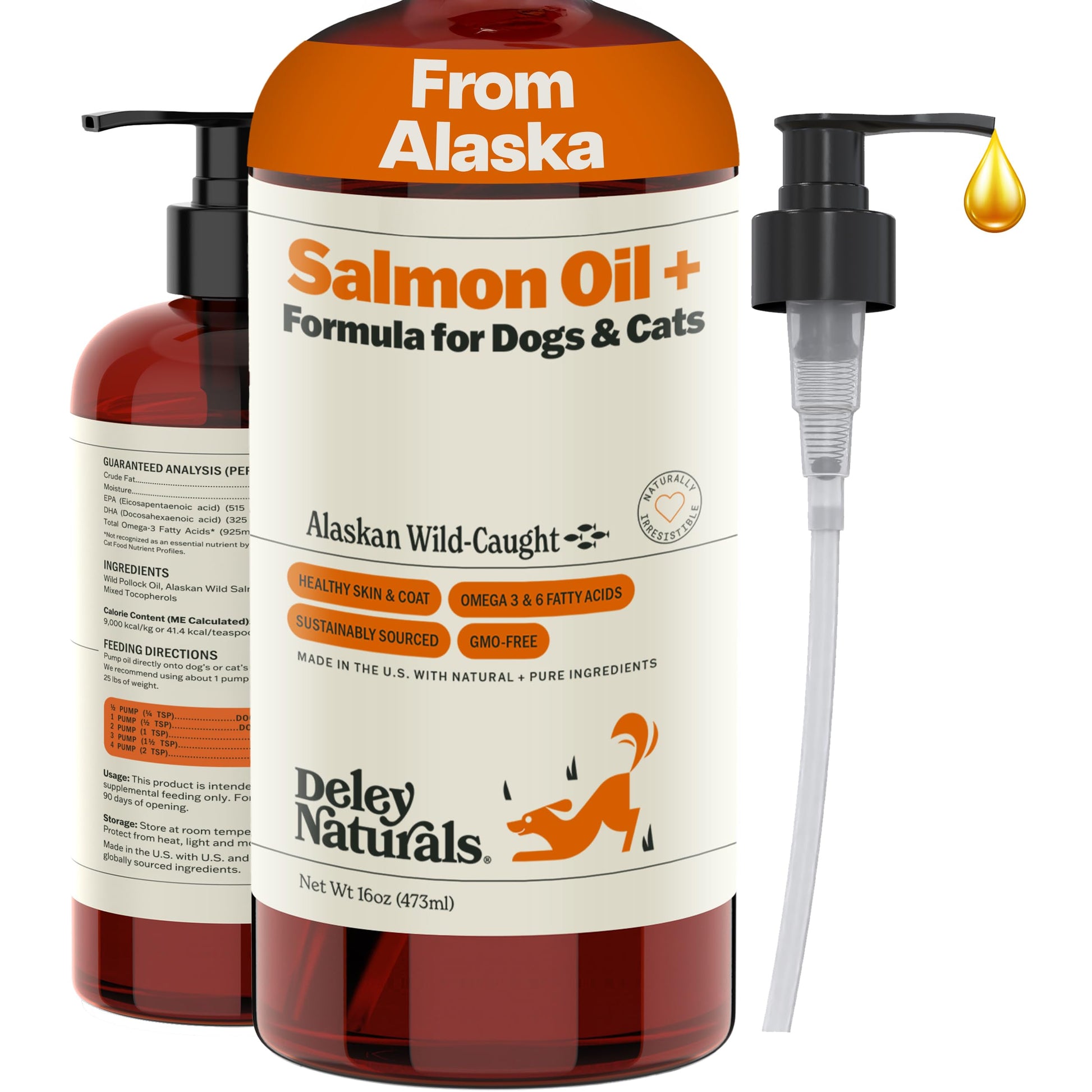 Deley Naturals Wild Alaskan Salmon Oil for Dogs & Cats - New and Improved Salmon Oil Plus Formula - Fish Oil for Dogs with Omega 3, DHA and EPA - Omega 3 for Healthy Skin and Coat - 16oz Made in USA Deley Naturals buy supplements canada