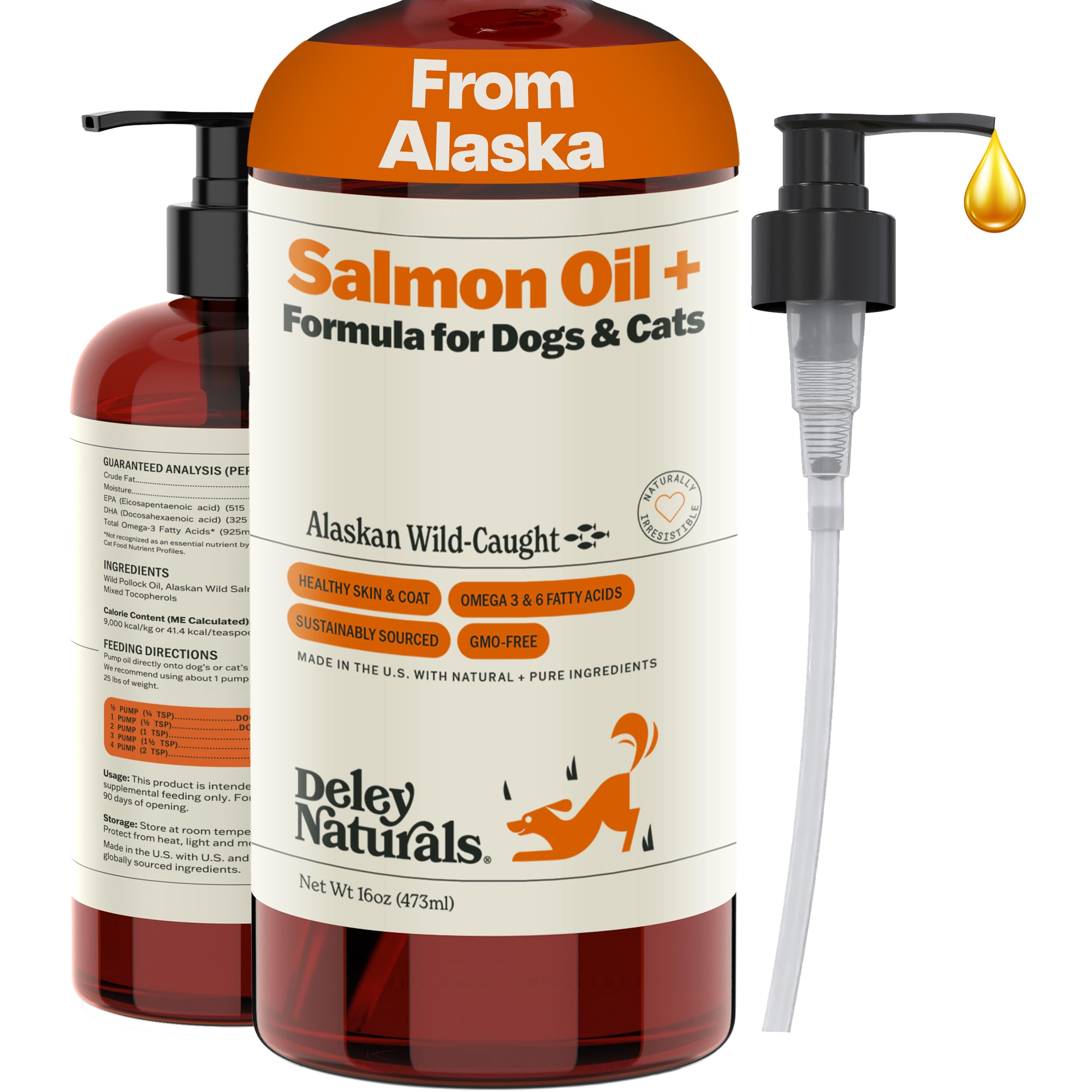 Deley Naturals Wild Alaskan Salmon Oil for Dogs & Cats - New and Improved Salmon Oil Plus Formula - Fish Oil for Dogs with Omega 3, DHA and EPA - Omega 3 for Healthy Skin and Coat - 16oz Made in USA Deley Naturals buy supplements canada