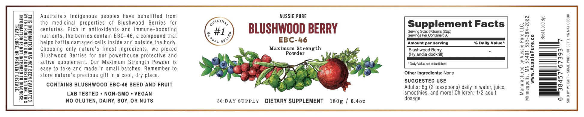 Aussie Pure Blushwood Berry Powder EBC-46 - Maximum Strength Immune and Cell Support - Contains The Fruit and Seed - 180g/6.4oz Per Container Aussie Pure buy supplements canada