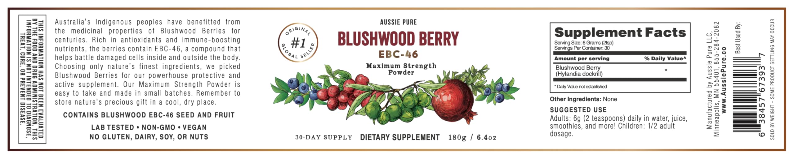 Aussie Pure Blushwood Berry Powder EBC-46 - Maximum Strength Immune and Cell Support - Contains The Fruit and Seed - 180g/6.4oz Per Container Aussie Pure buy supplements canada