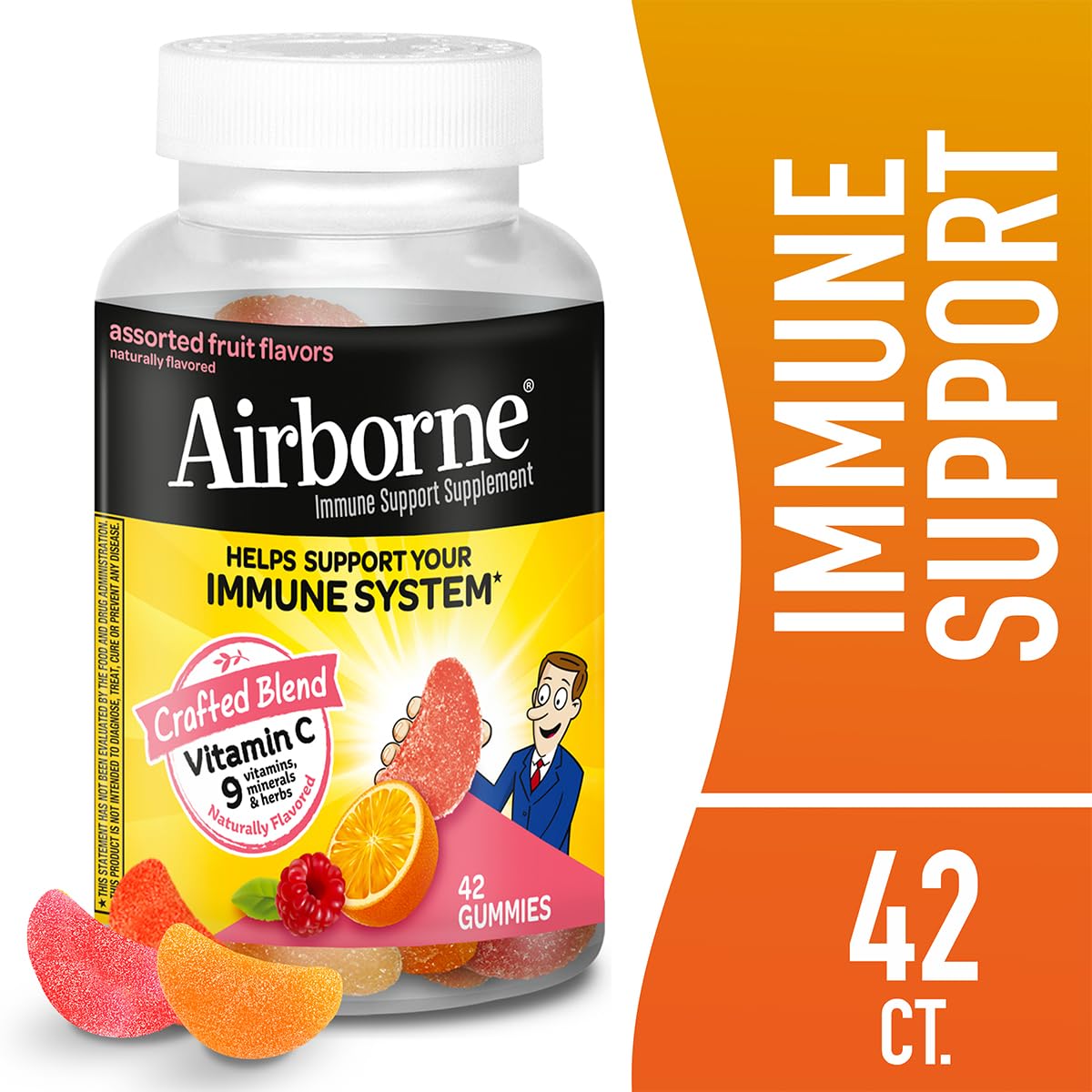 Airborne 750mg Vitamin C Immune Support Supplement Gummies for Adults, Assorted Fruit Flavor, Gluten Free Crafted Blend with Powerful Antioxidants Vitamins A C & E, 42 Gummies (2 Pack) Airborne buy supplements canada