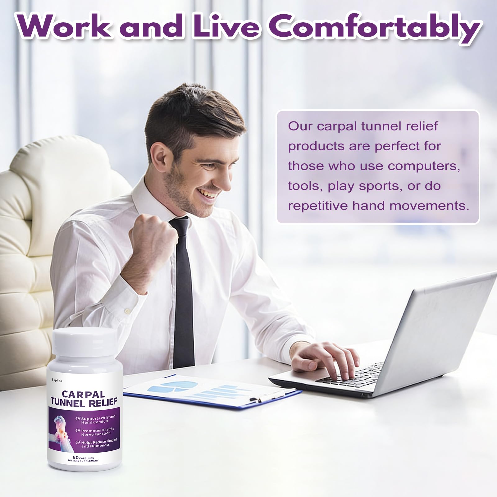 Euphea Carpal Tunnel Relief & Wrist Support Supplement, Helps Ease Tingling & Numbness,Vitamins B6, B12, C, D, K + GABA,60 Capsules Euphea buy supplements canada