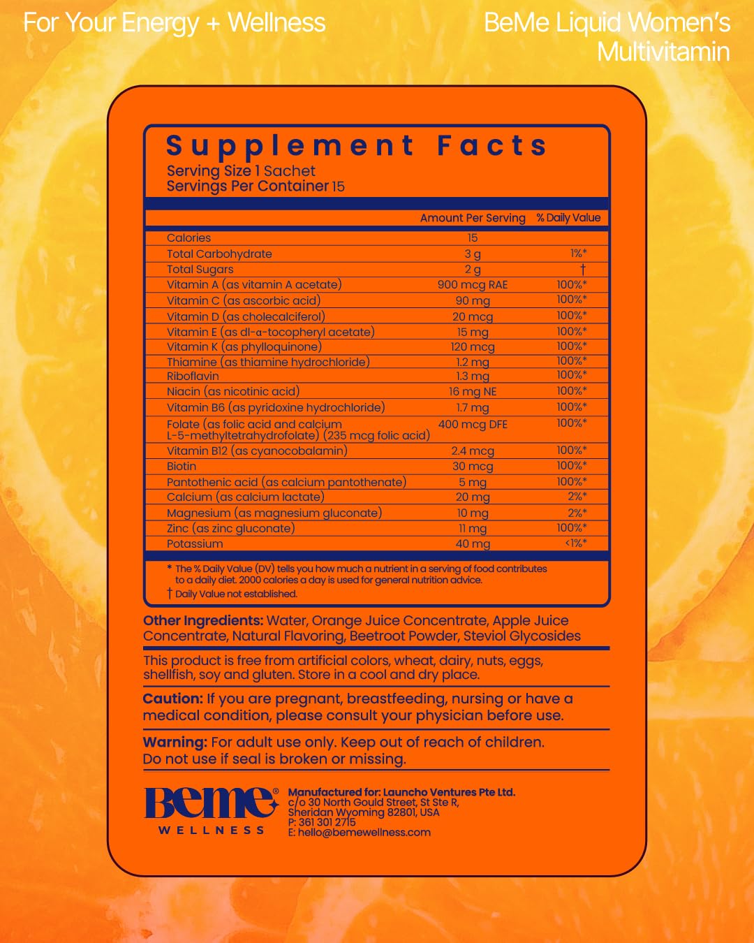 BeMe Liquid Multivitamins for Women - Advanced Liquid Delivery System with 13 Vitamins & Minerals - Tear & Go Sachets, Non-GMO, Orange Flavor (15 Sachets) BeMe buy supplements canada