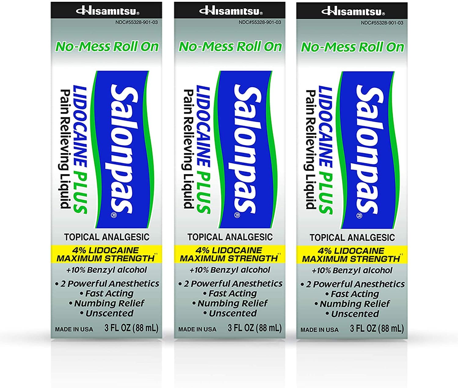 Salonpas LIDOCAINE Plus 3 oz ROLL ON Pain Relieving Liquid! Maximum Strength 4% Lidocaine for Numbing Pain Relief! Mess Free Application! (3 Pack) Salonpas buy supplements canada
