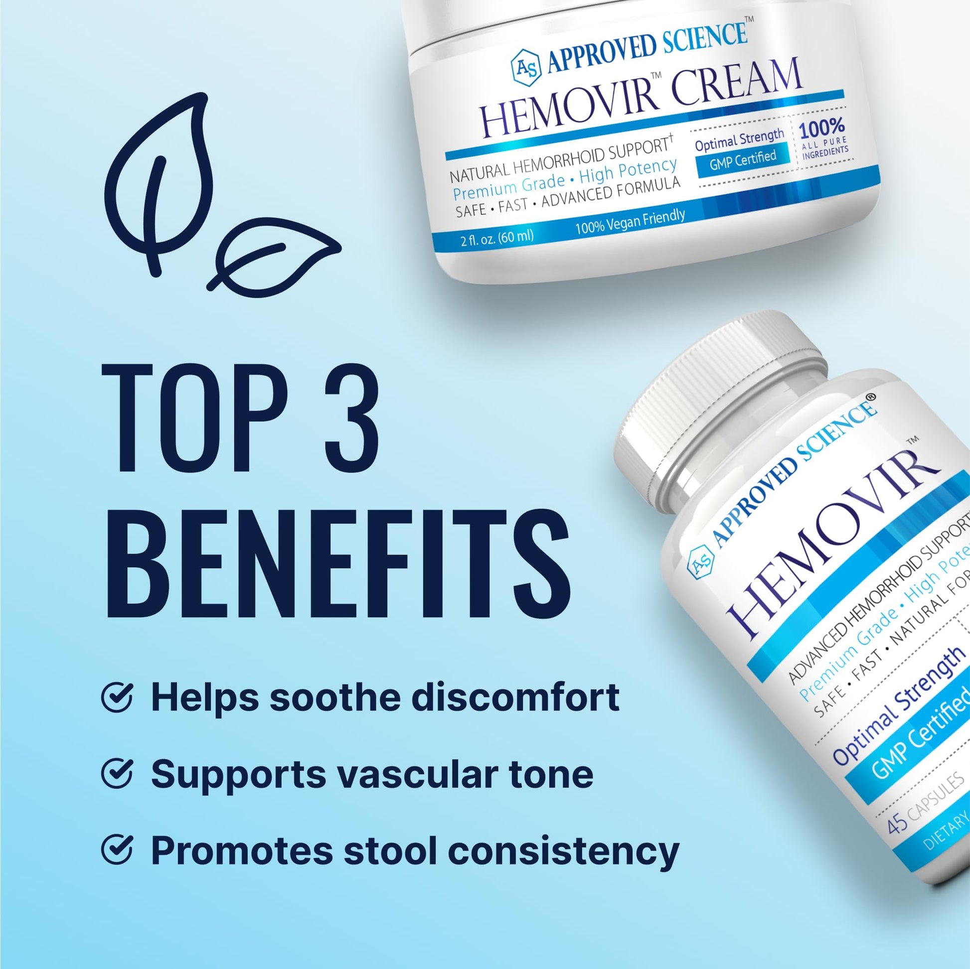 Approved Science Hemovir - Hemorrhoid Capsules and Cream - Dual-Action Stops Itching and Optimizes Blood Flow - Internal and External Care - 45 Capsules + 2 Fl Oz - Vegan - Non GMO - Made in The USA Approved Science buy supplements canada