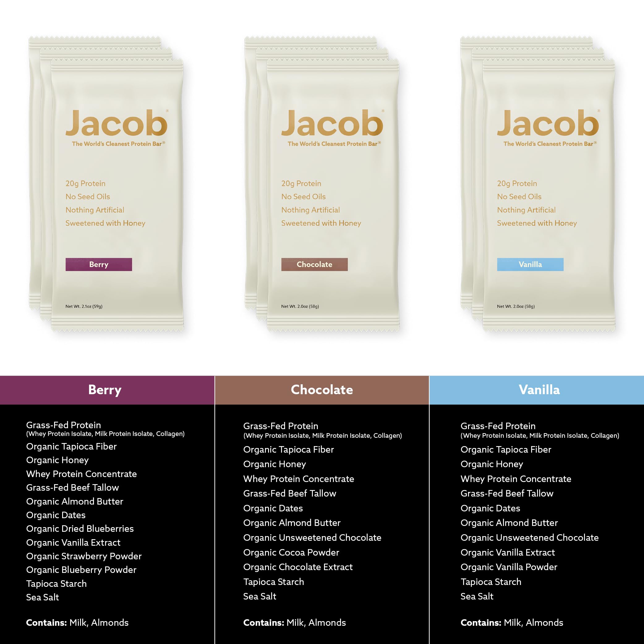 Jacob Bar, Protein Bars, Variety Pack (9 Bars Total) Contains 3 of Each; Chocolate, Vanilla, Berry - 20g Grass-Fed Protein, No Seed Oils, Nothing Artificial Jacob buy supplements canada