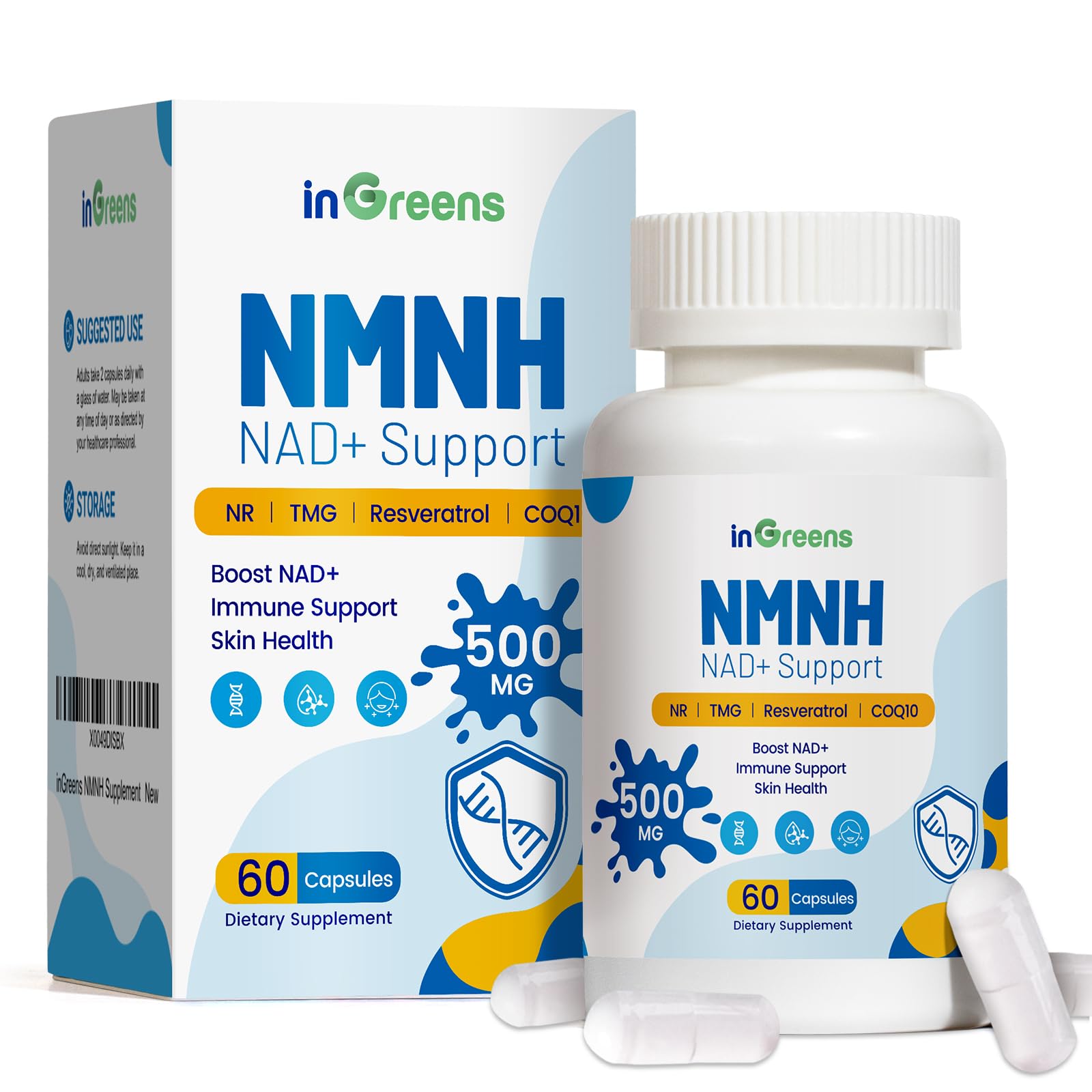 500mg NMNH, NMN Supplement Alternative with NR, TMG, Resveratrol, COQ10, NAD Supplement, Anti Aging, Energy, Boost NAD+ Levels, 60 Capsules inGreens buy supplements canada