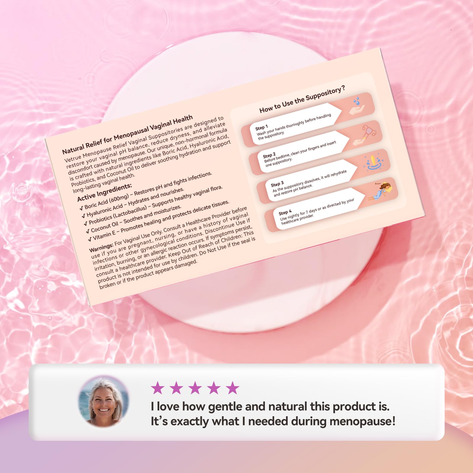 Vetrue Menopause Relief Vaginal Suppositories, Non-Hormonal, All-Natural Formula with Boric Acid, Hyaluronic Acid, Probiotics, Coconut Oil & Vitamin E, Soothes Vaginal Dryness & Discomfort(12 Inserts) vetrue buy supplements canada
