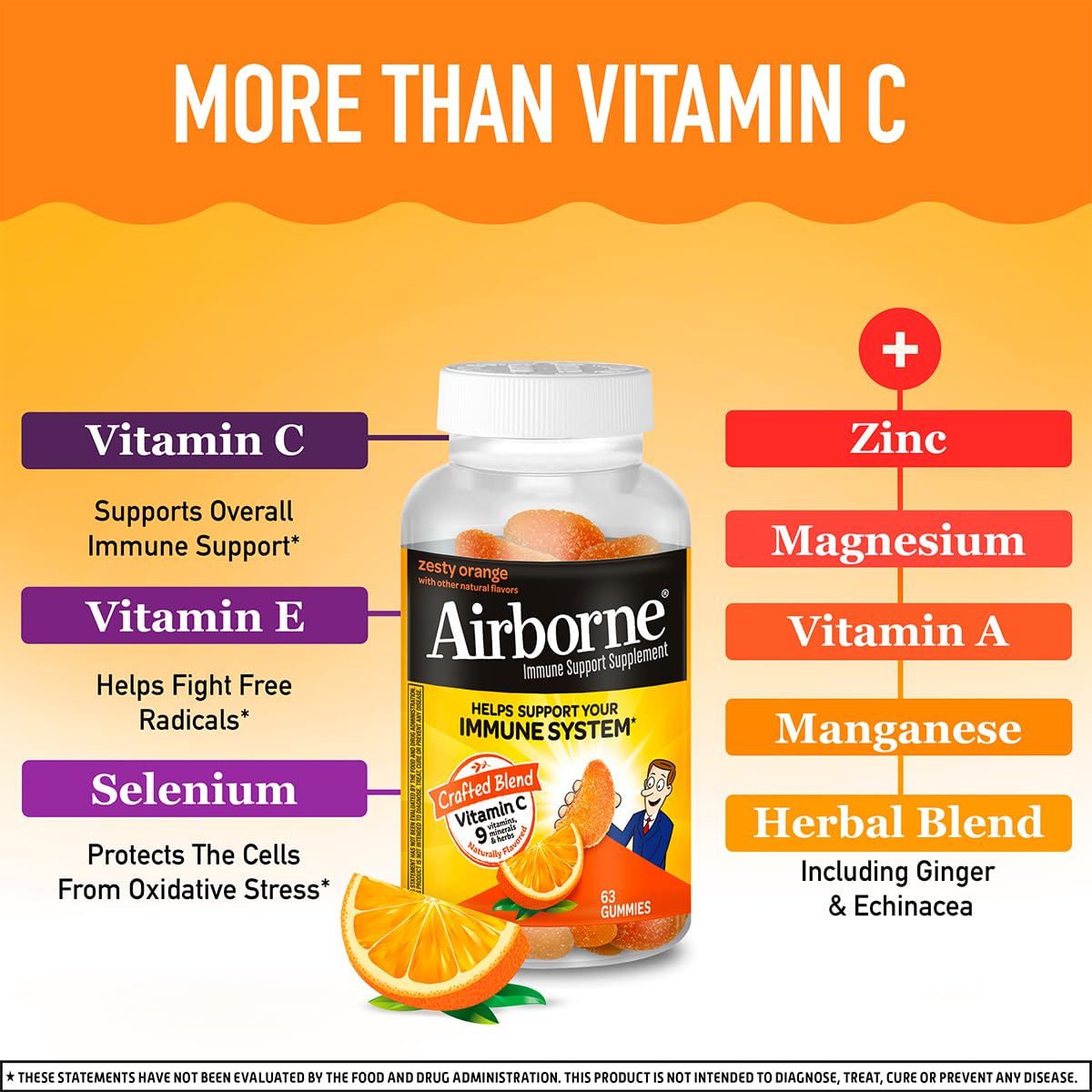 Airborne 750mg Vitamin C Immune Support Supplement Gummies for Adults, Zesty Orange Flavor, Gluten Free Crafted Blend with Powerful Antioxidants Vitamins A C & E, 63 Gummies (3 Pack) Airborne buy supplements canada
