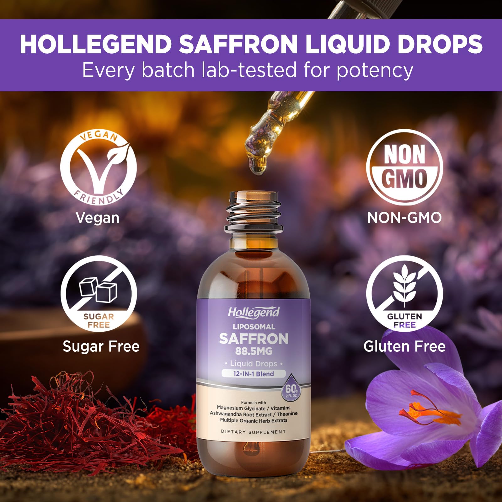 HOLLEGEND Liposomal Saffron Drops for Kids & Adults, Organic Saffron Supplement w/Magnesium, L-Theanine and Vitamins for Stress, Focus, Vision and Energy Support, Vegan, Natural Lemon Flavor, 2 FL OZ HOLLEGEND buy supplements canada