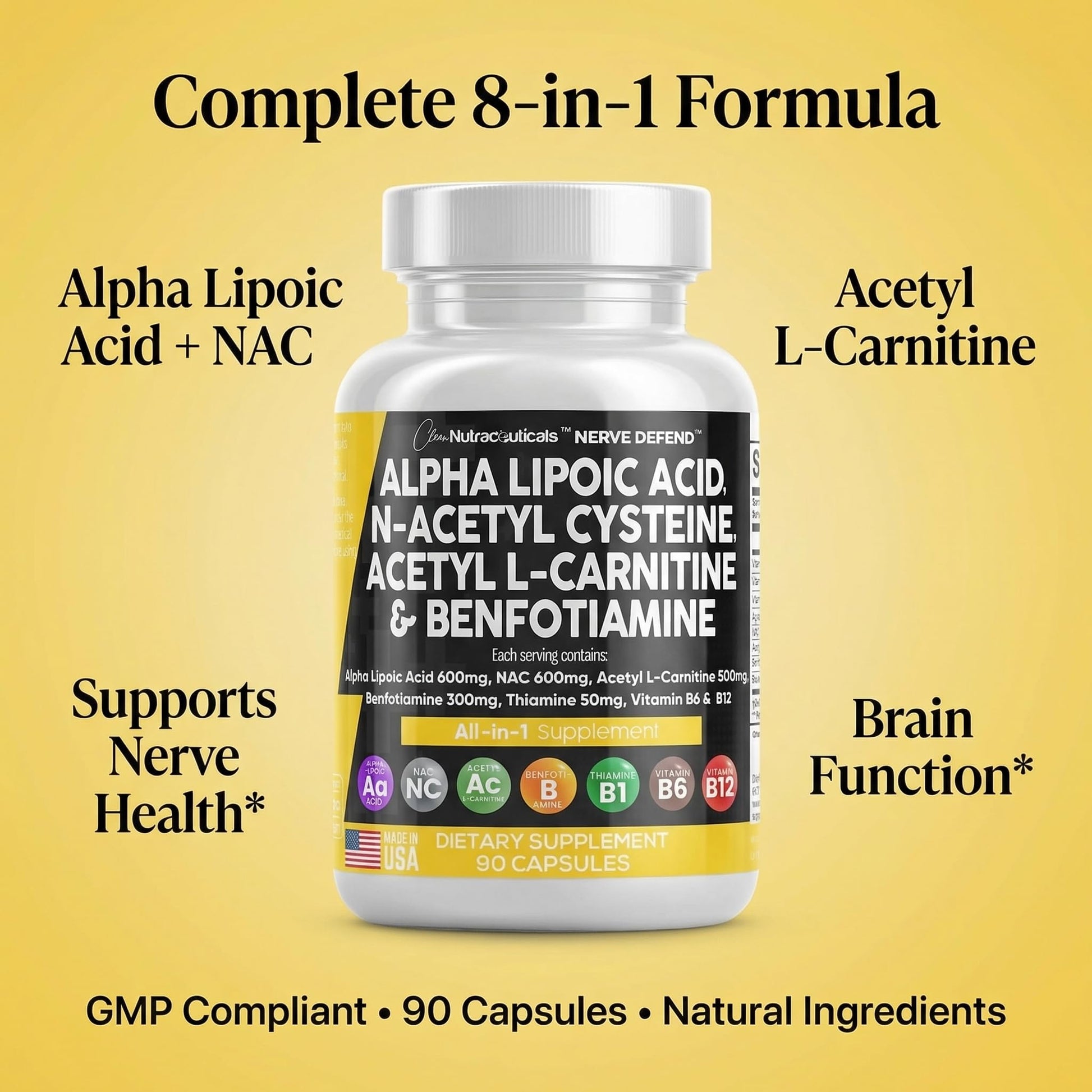 Alpha Lipoic Acid 600mg N-Acetyl Cysteine 600mg Acetyl L-Carnitine 500mg Benfotiamine 300mg - Nerve Support Supplement for Women and Men with Vitamin B1 B6 & B12 - Made in USA 90 Caps Clean Nutraceuticals buy supplements canada