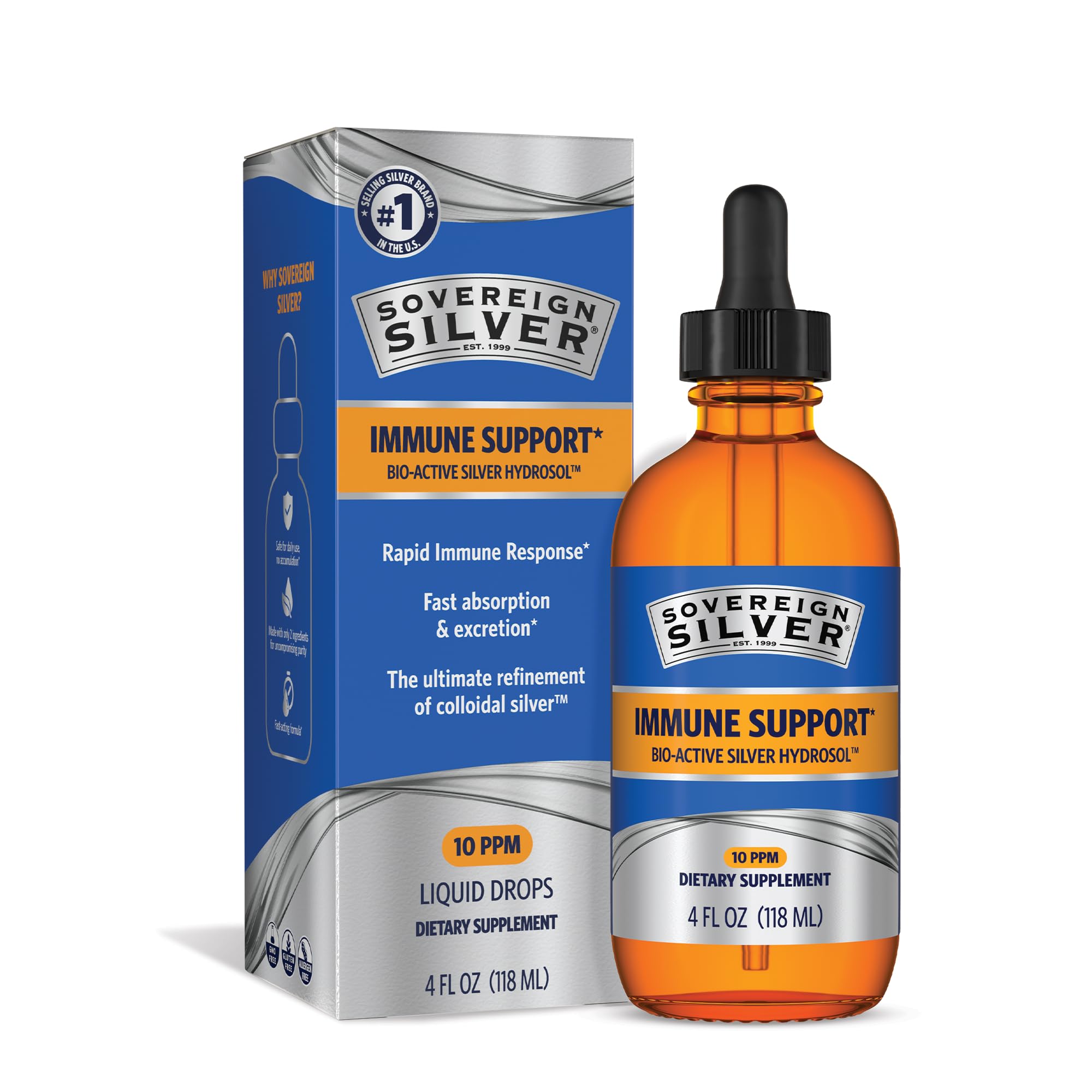 Sovereign Silver Immune Support - Colloidal Silver, Bio-Active Silver Hydrosol, 10 ppm, Liquid Dropper, 4 Fl Oz, (118 mL) Sovereign Silver buy supplements canada